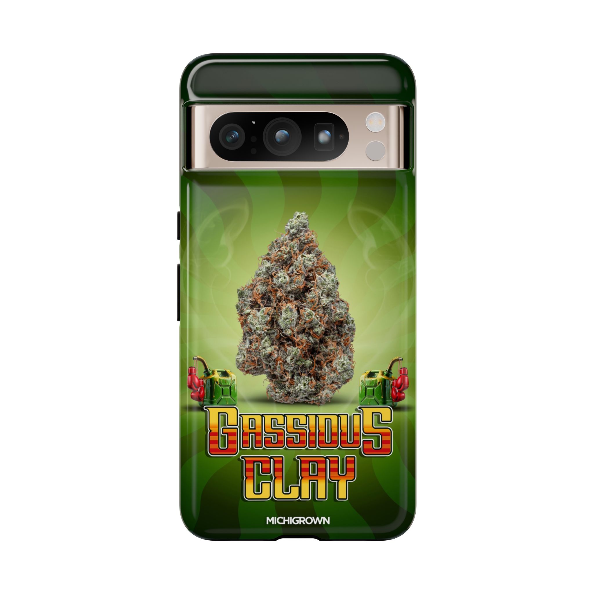 Phone case with cannabis bud and GASSIOUS CLAY logo.