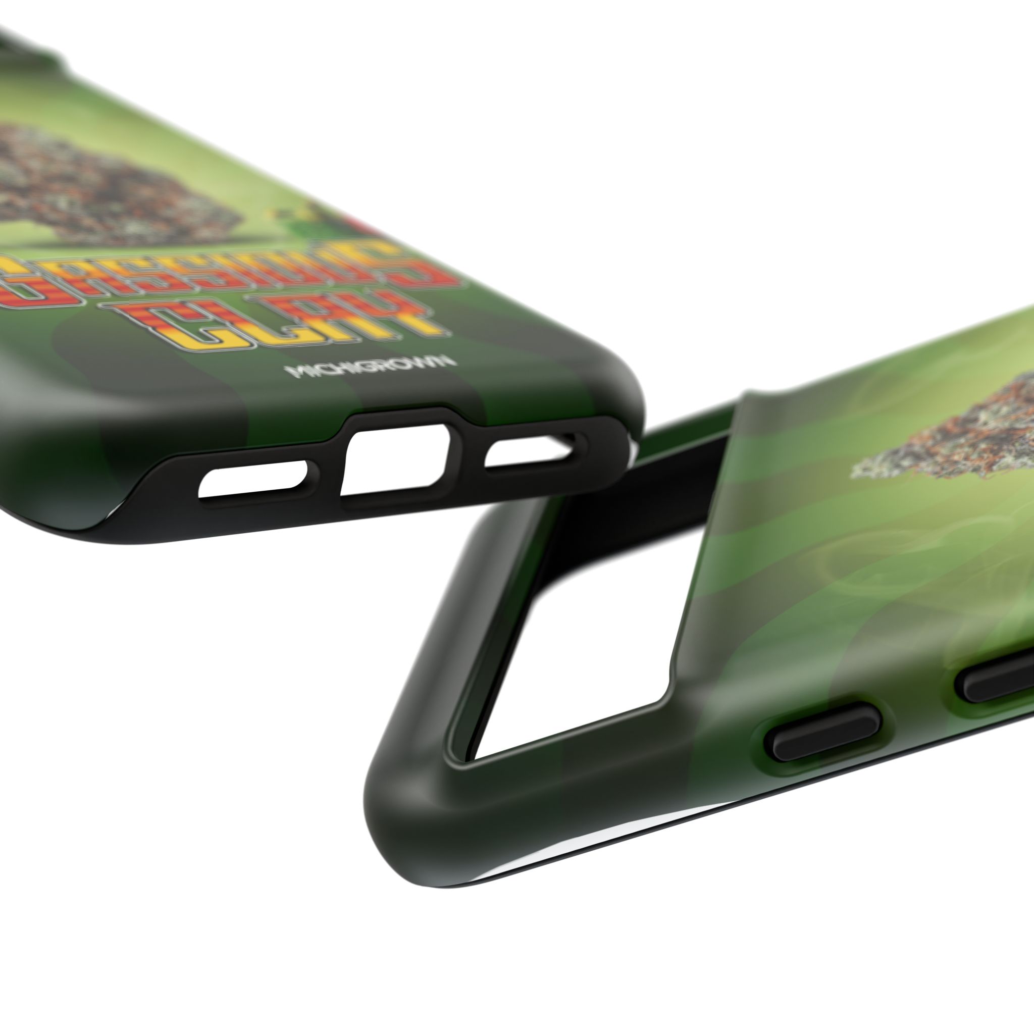 Close-up of a GASSIOUS CLAY phone case with colorful graphic design.