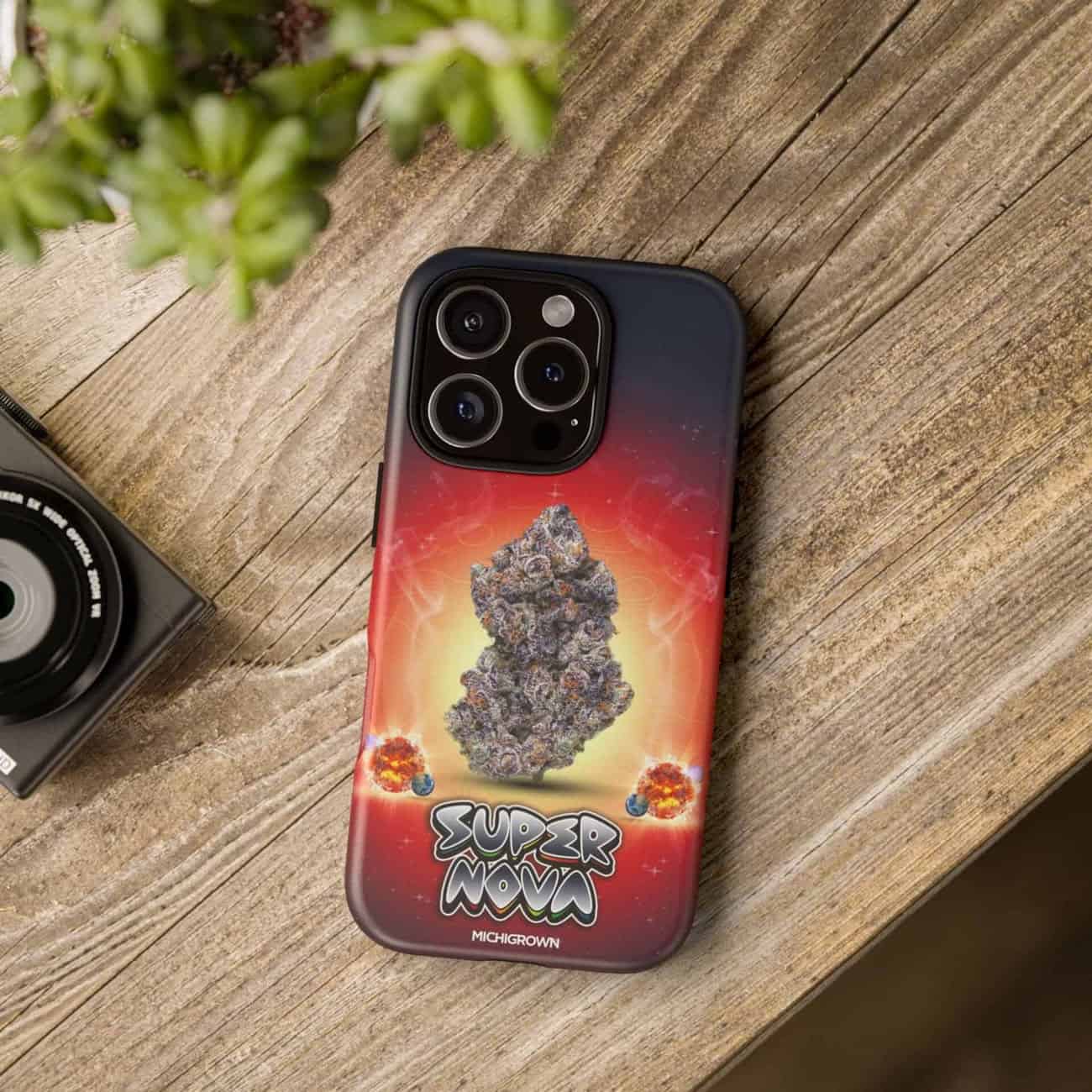 Phone case featuring a cannabis bud with a cosmic background and Super Nova logo.