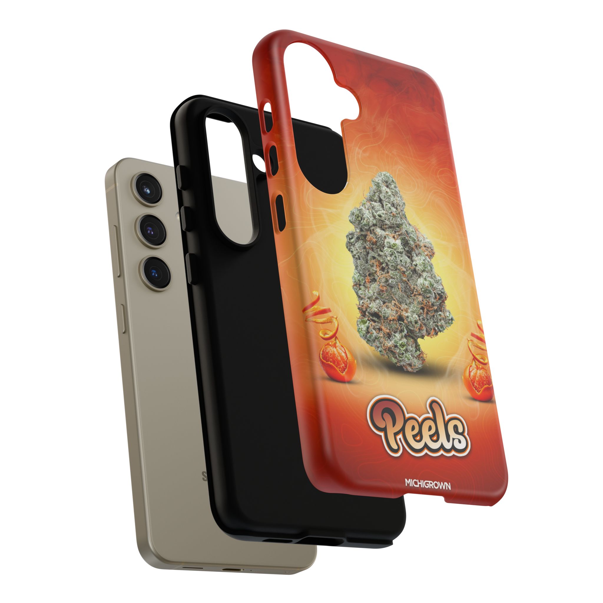 Colorful PEELS phone case with cannabis bud design for iPhone.