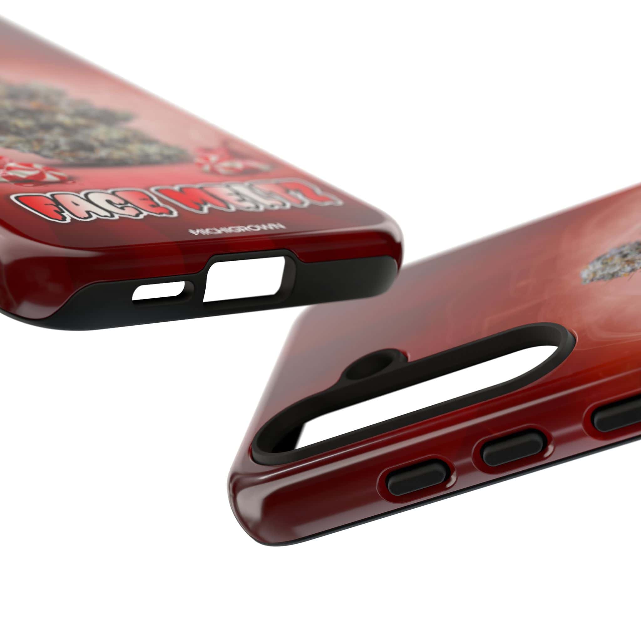 Red phone cases with rugged design and graphic artwork.