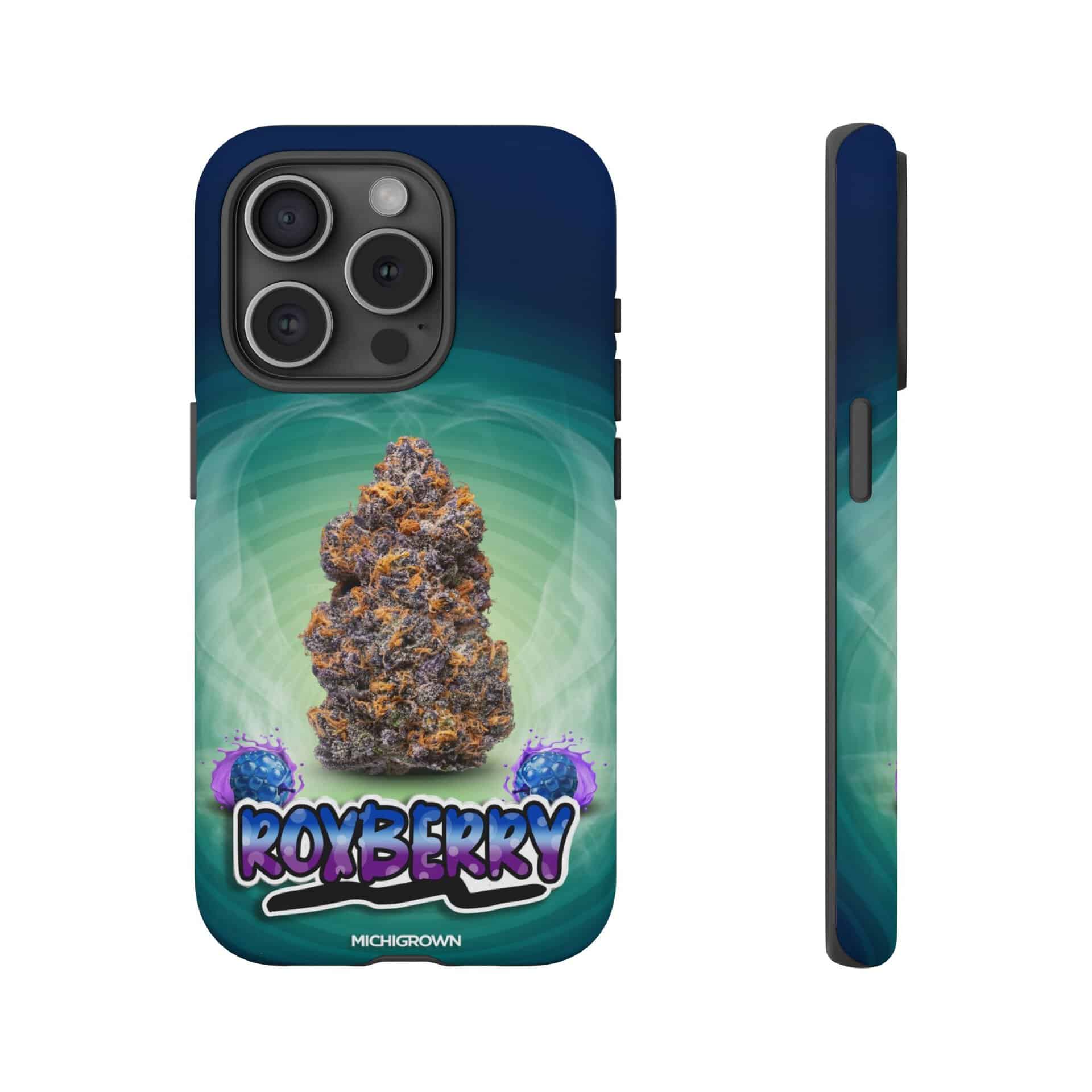 Phone case featuring Roxberry logo and cannabis graphic for iPhone.