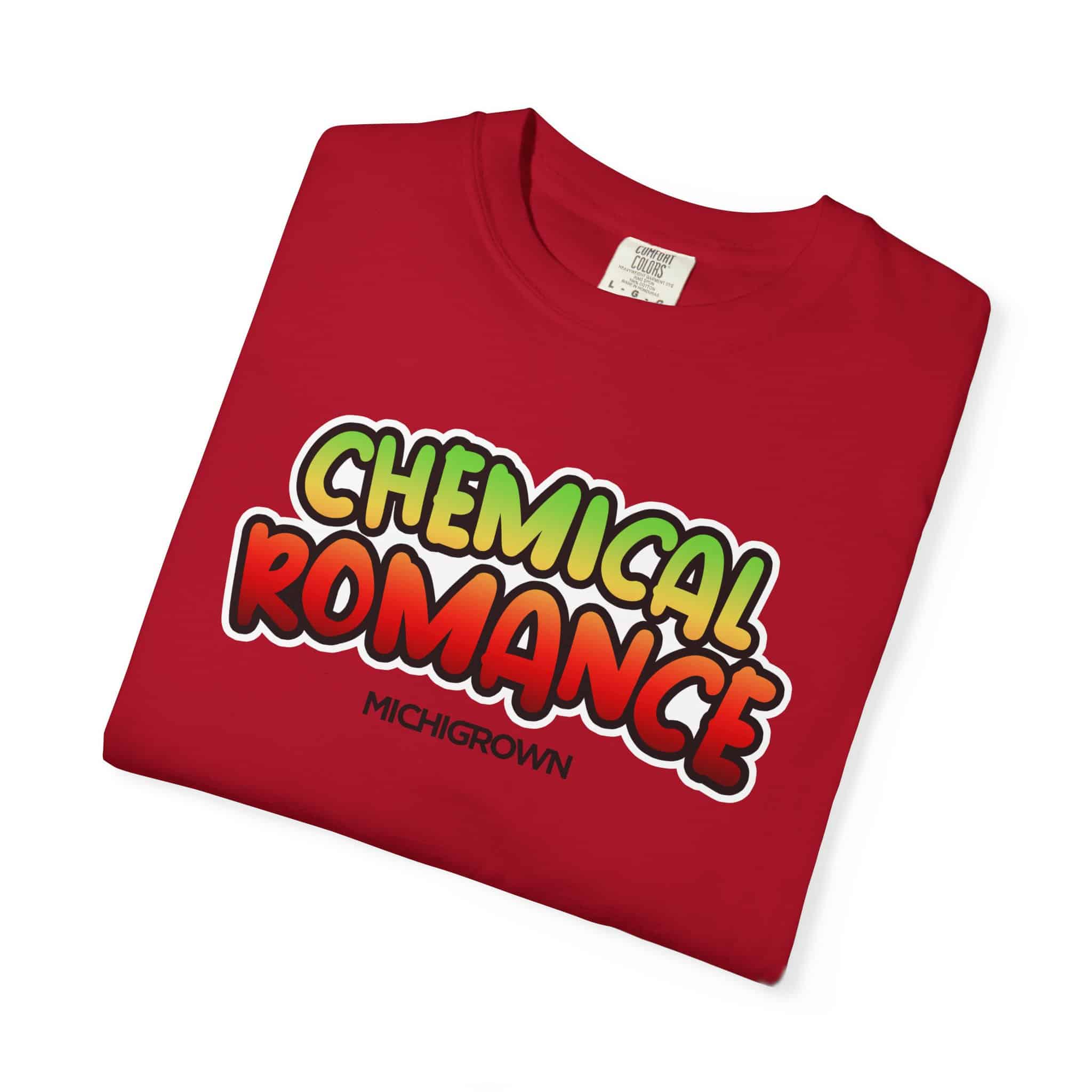 Red T-shirt with 'Chemical Romance' graphic design and 'Michigrown' logo.