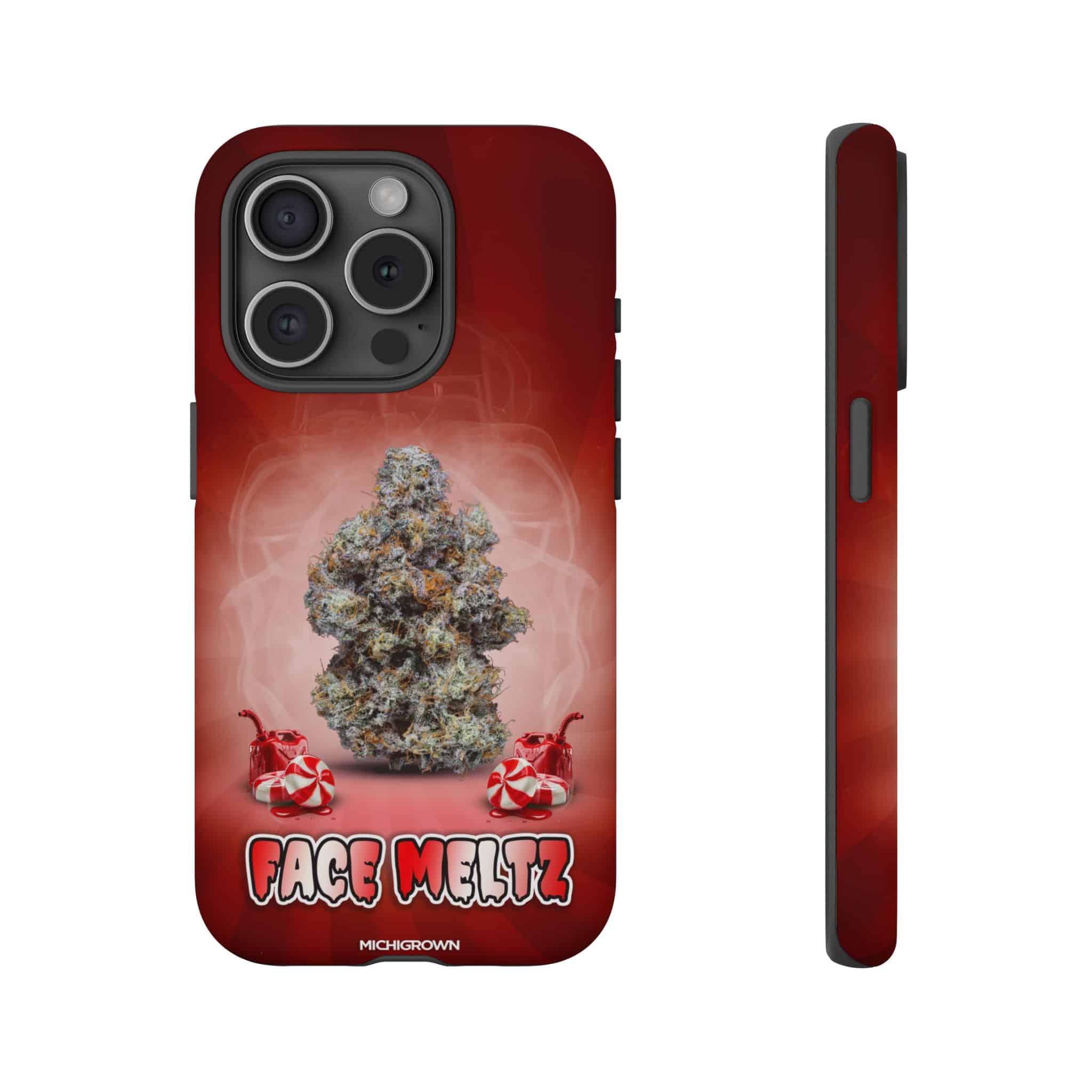 Red phone case with cannabis bud and FACE MELTZ logo for iPhone.