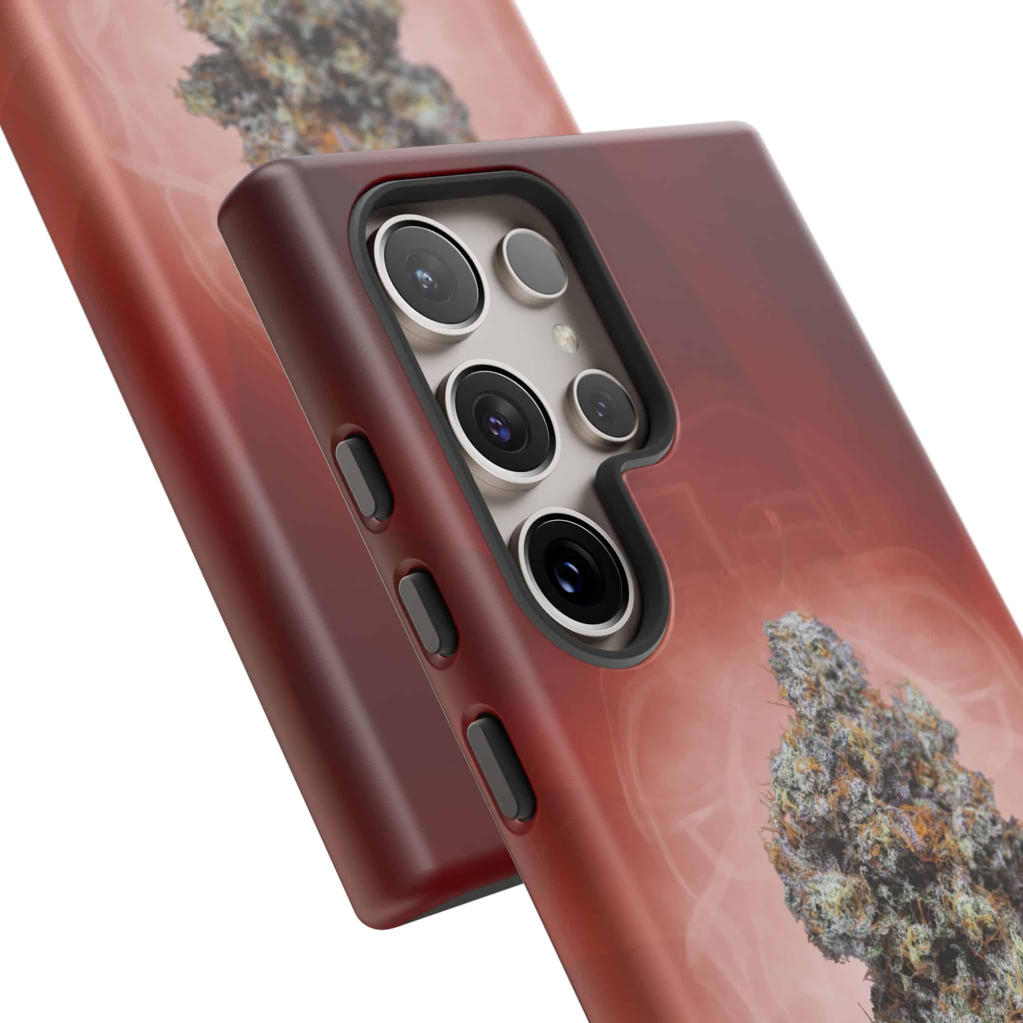 Marijuana leaf design phone case for iPhone with camera cutout.