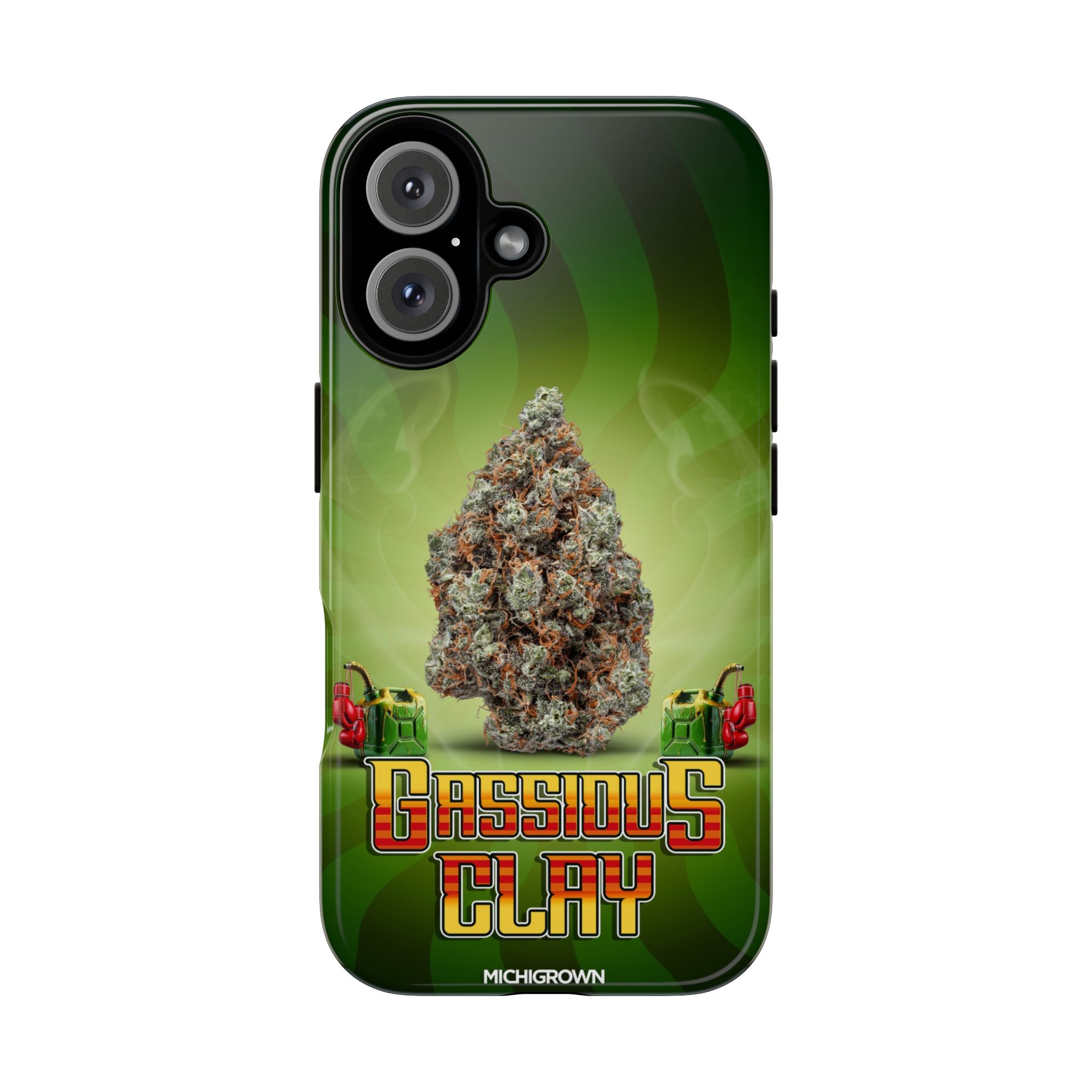 Phone case with Gassious Clay logo and cannabis leaf design.