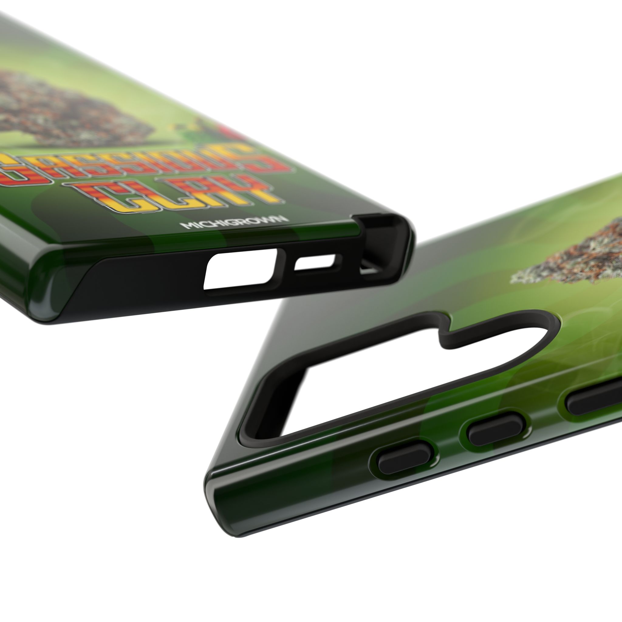 Green phone case with GASSIOUS CLAY design and black bumper.