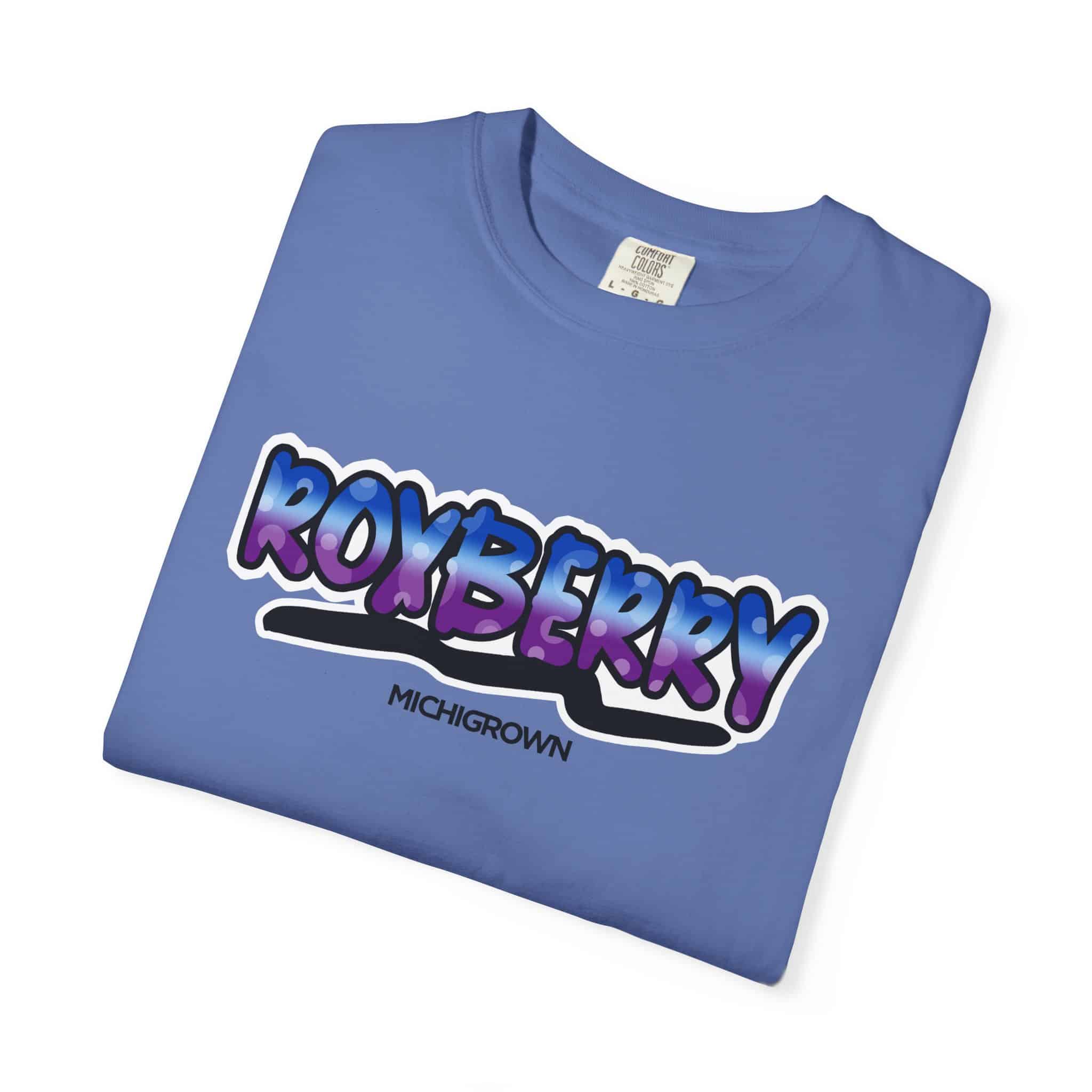 Blue Roxberry T-shirt with bold purple and blue text logo from Michigrown.