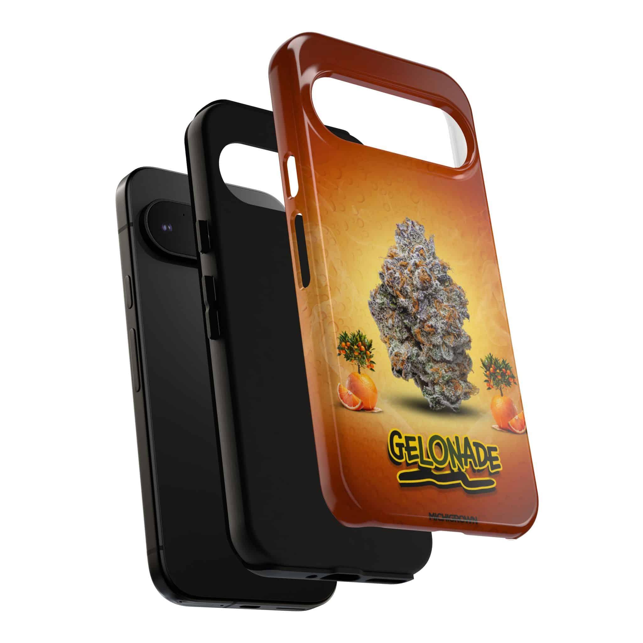 Phone case featuring cannabis bud and orange slices design for iPhone.