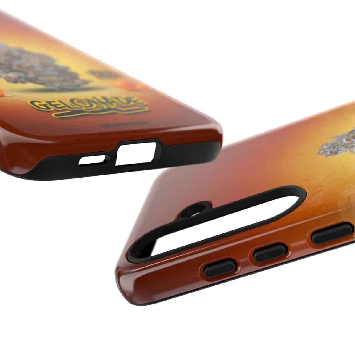 Close-up of GELONADE phone case with Michigrown design and cutouts.