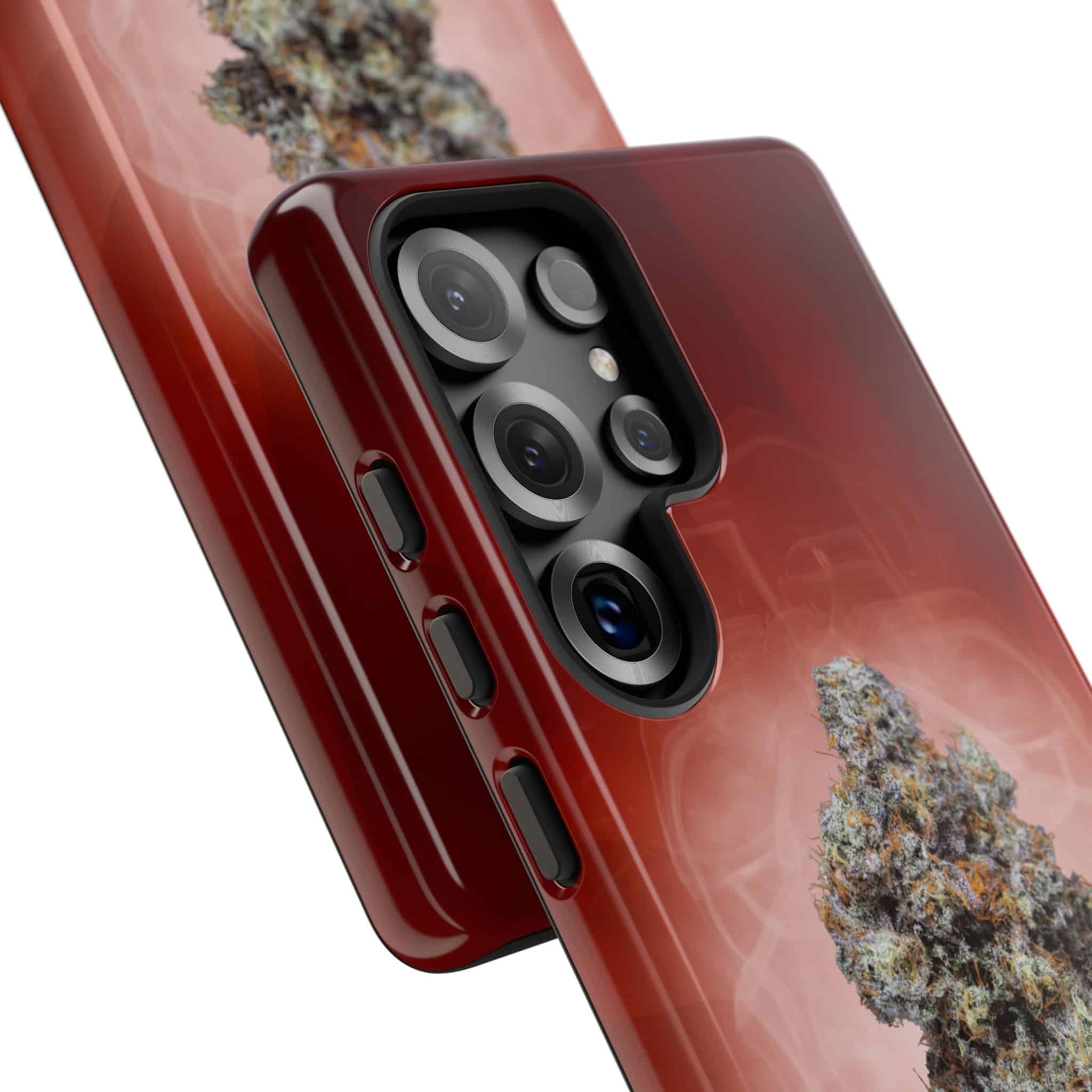 Red phone case with cannabis plant design for iPhone 13 Pro.