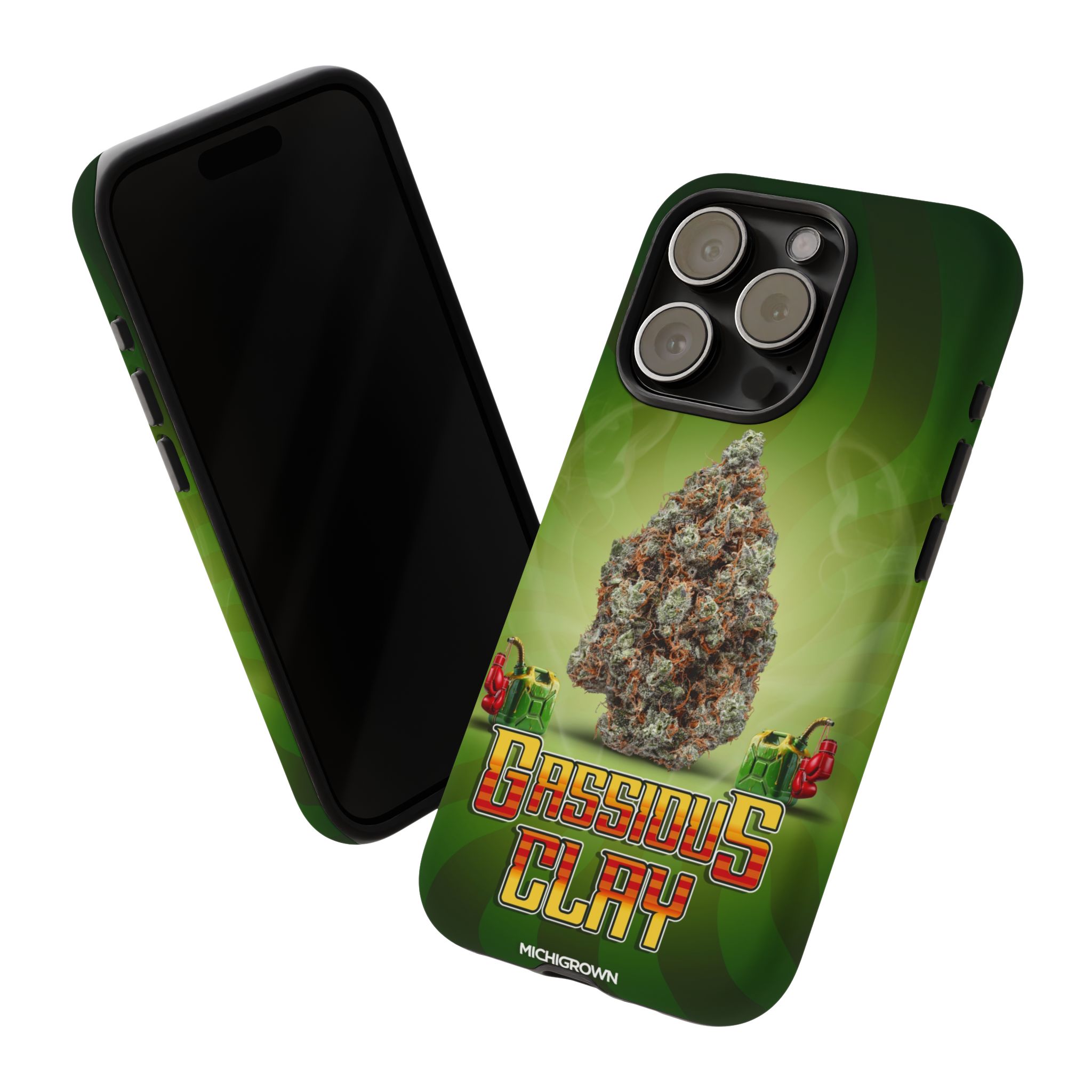 Green phone case with Gassious Clay logo and cannabis leaf design.