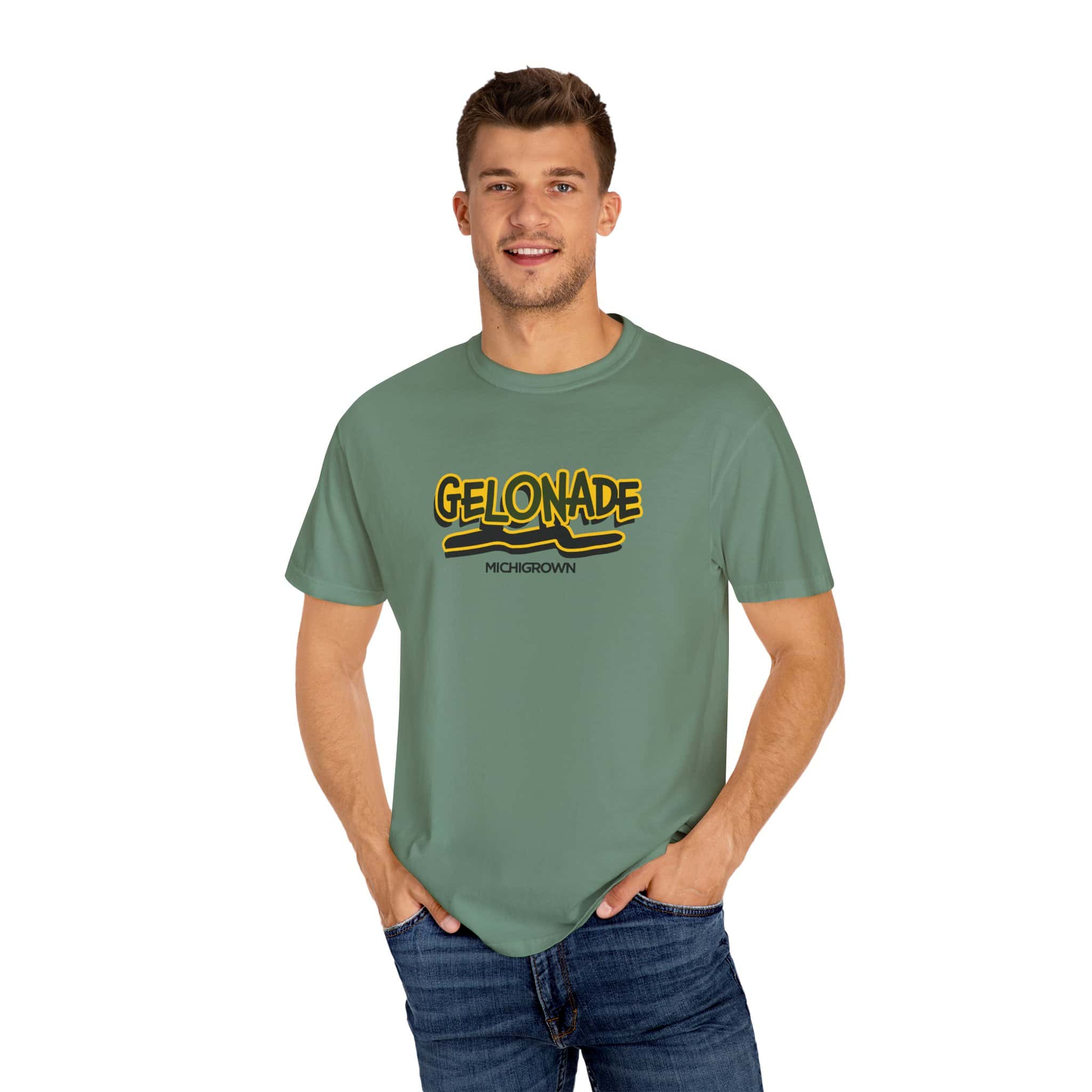 Man wearing green Gelonade T-shirt with yellow and black logo.