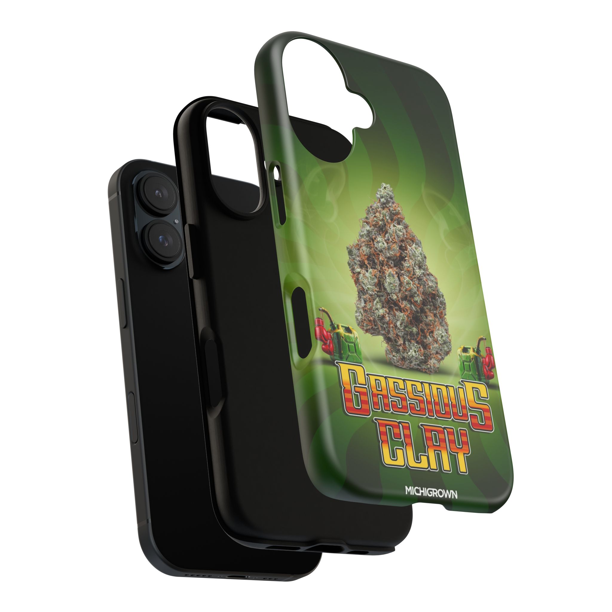 Phone case with Gassious Clay design and cannabis bud graphic.