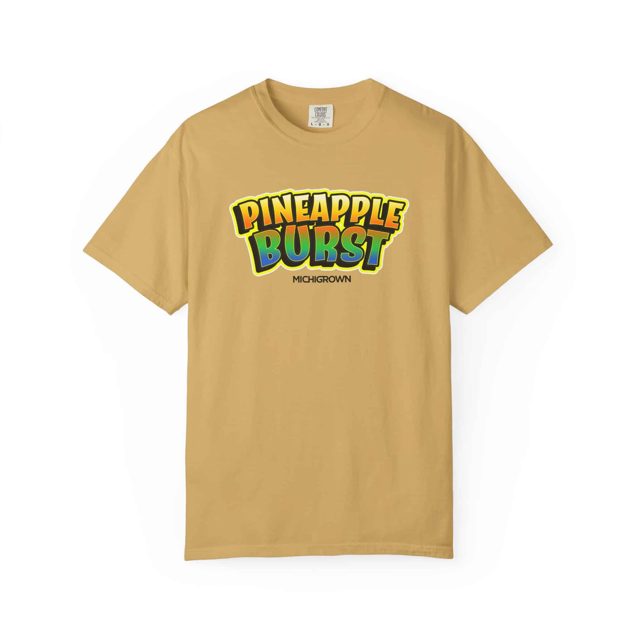 Beige T-shirt with Pineapple Burst logo in colorful text.