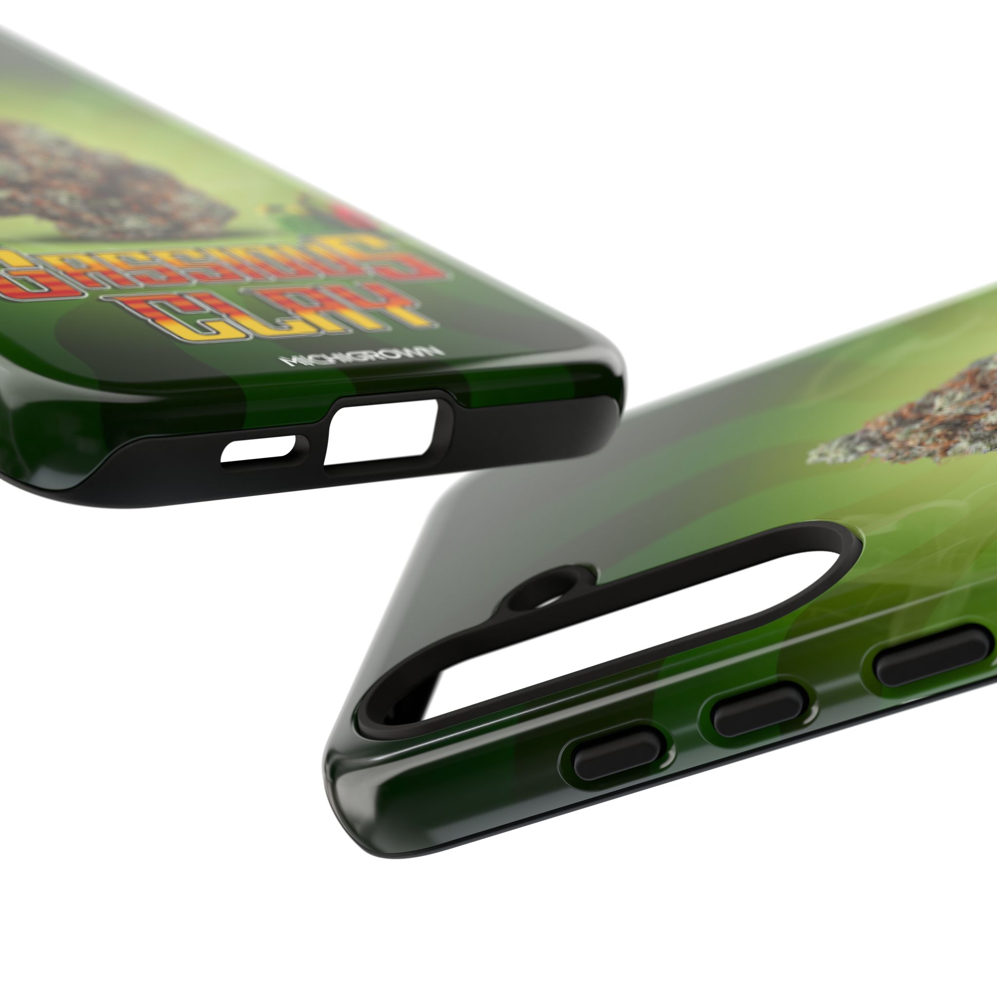 Close-up of green GASSIOUS CLAY phone case with graphic design.