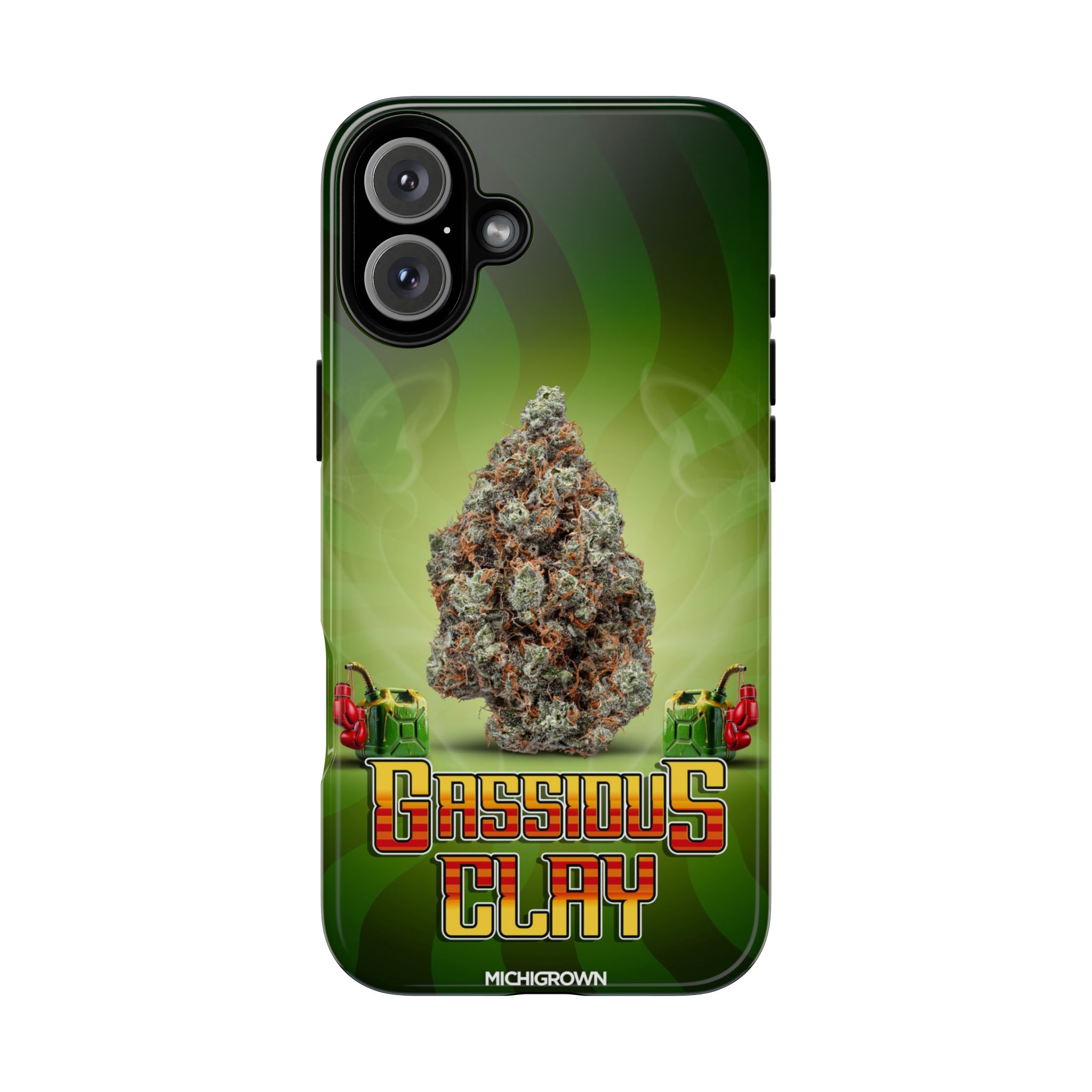 Phone case with Gassious Clay logo and cannabis leaf design.