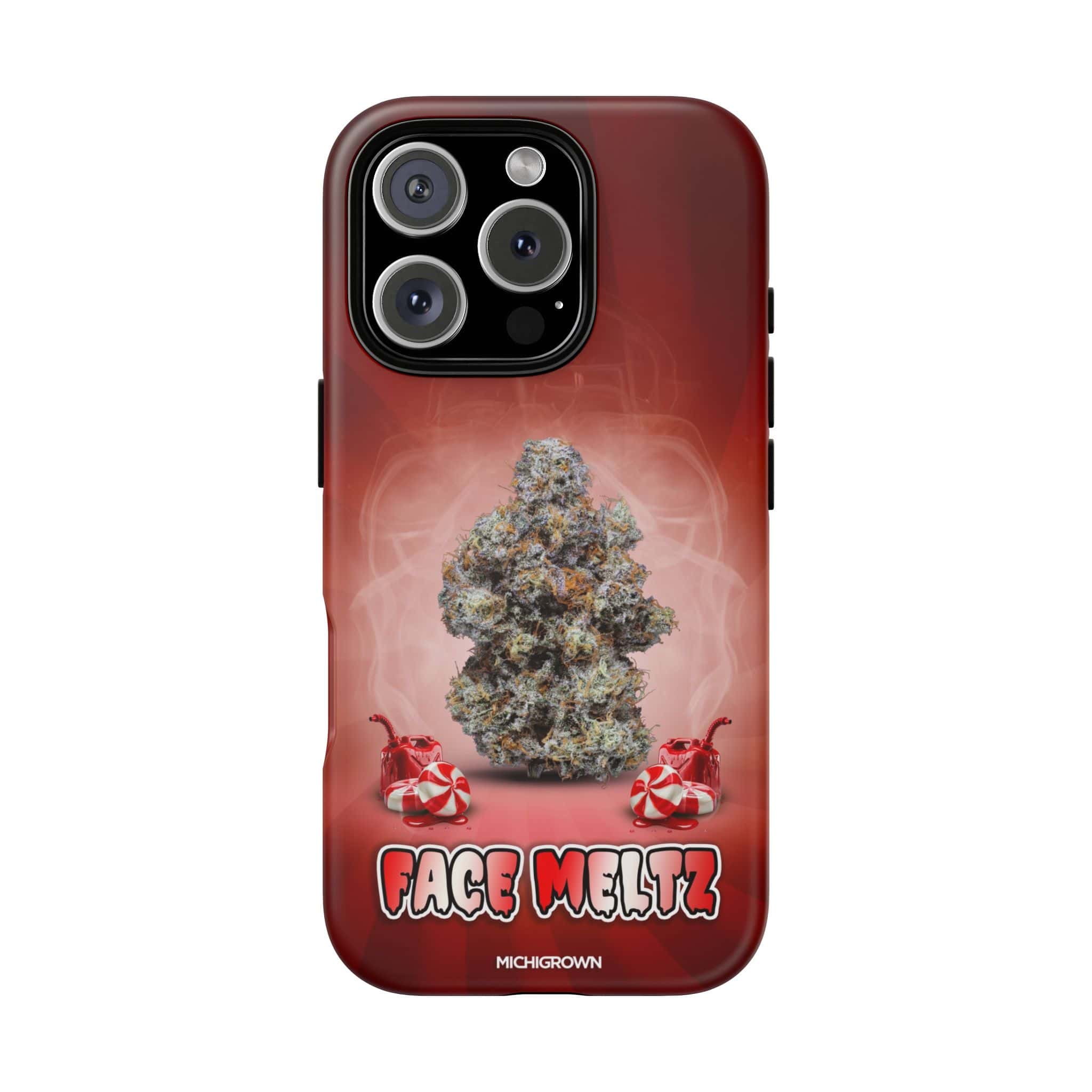 Red phone case with cannabis bud and face meltz logo.