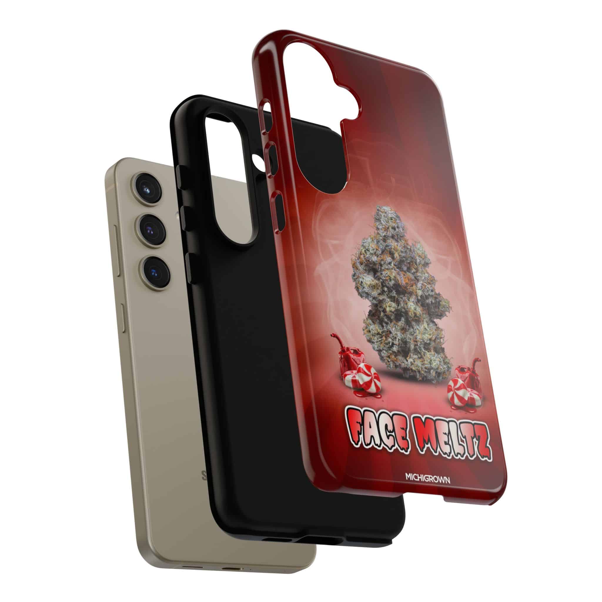 Three iPhone cases with FACE MELTZ design, including red, black, and beige options.