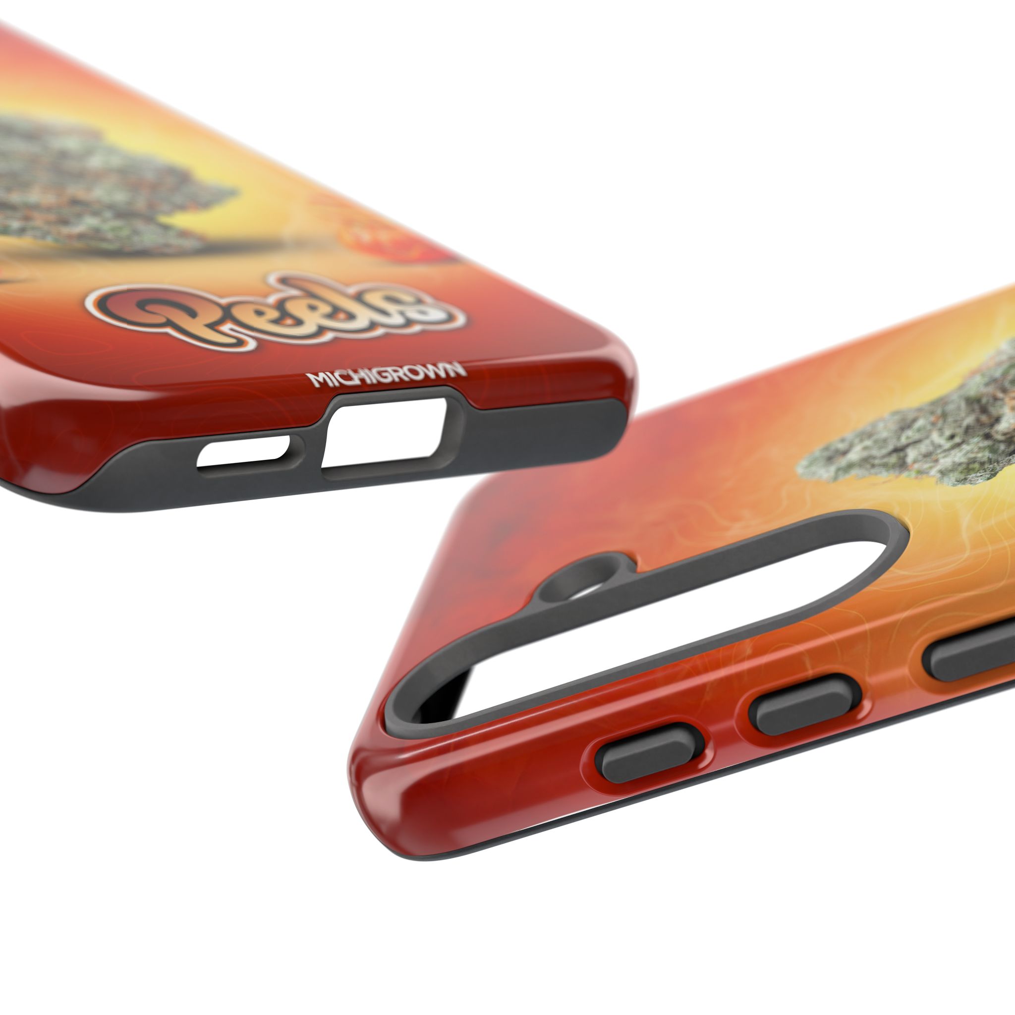 Colorful phone case with fiery design and rocky details for iPhone.