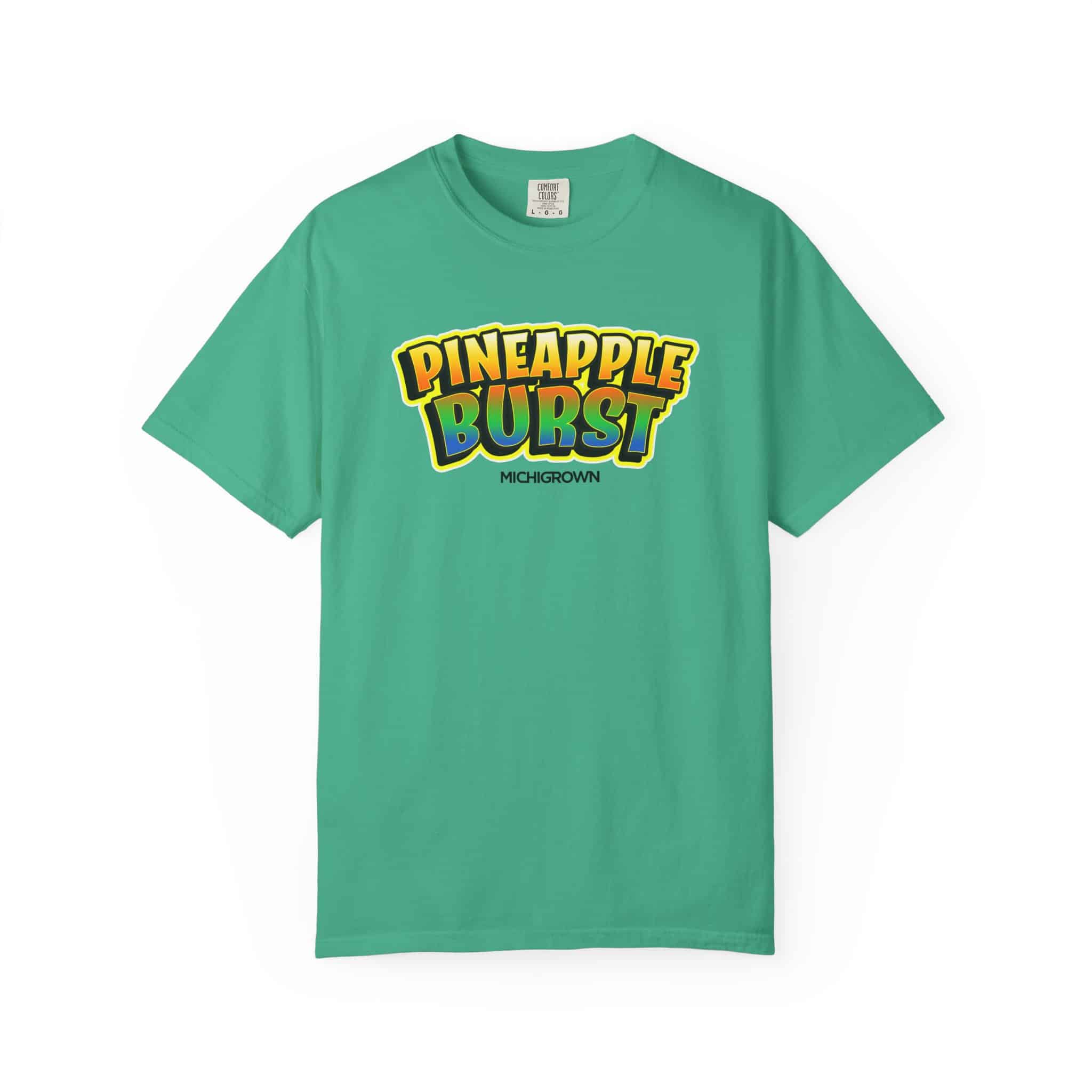 Green T-shirt with Pineapple Burst logo in yellow, orange, and blue colors.