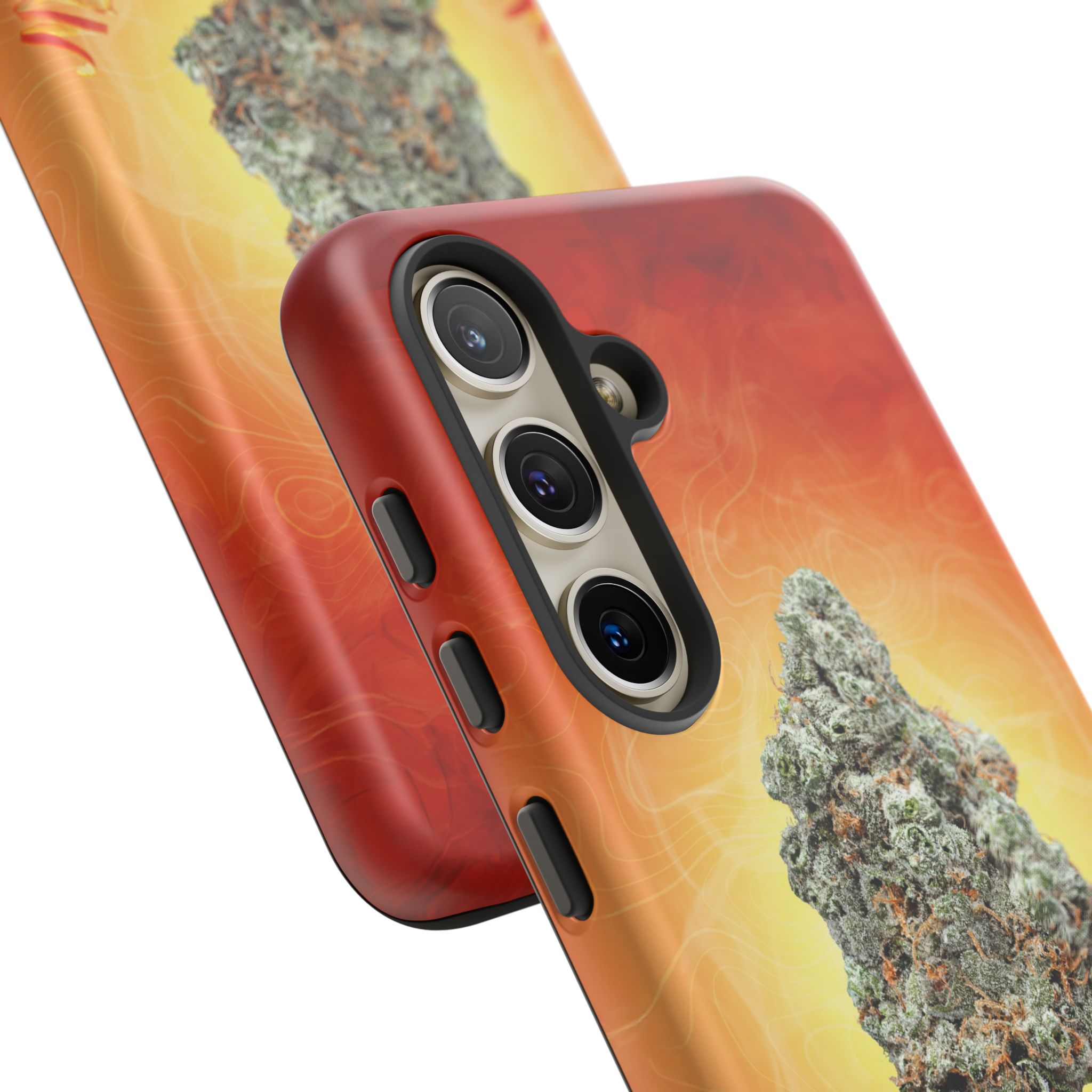 Red phone case with cannabis leaf design for iPhone 13 Pro.