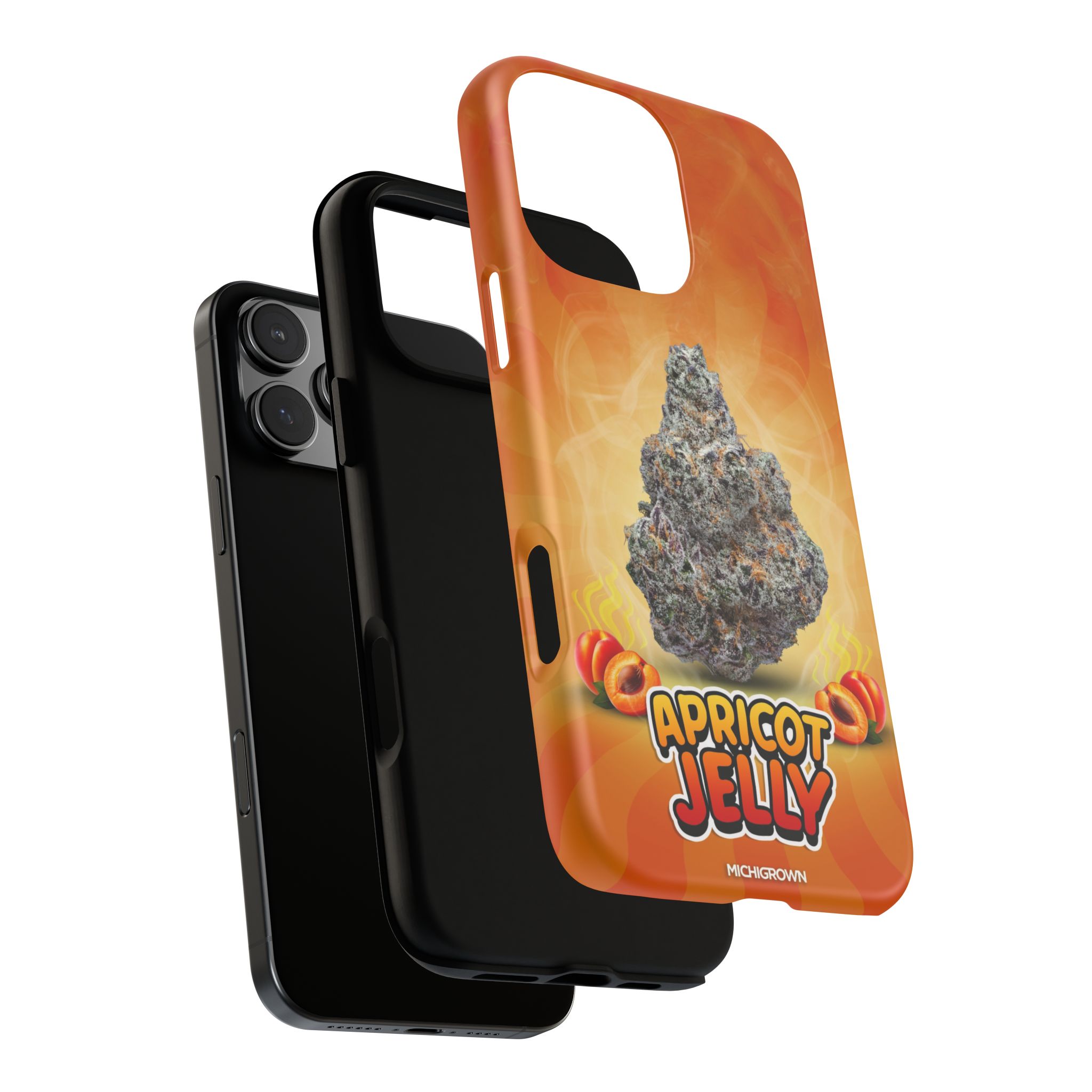 Phone case with apricot jelly design and fiery background.