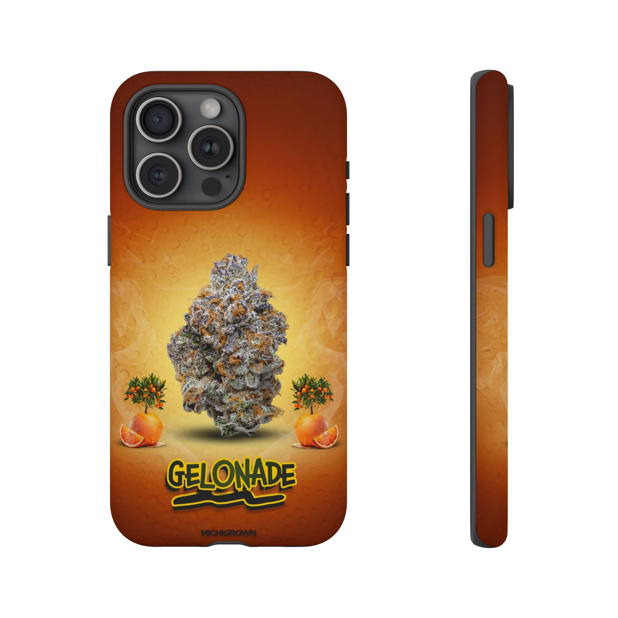 Phone case featuring Gelonade cannabis strain with orange background and logo.
