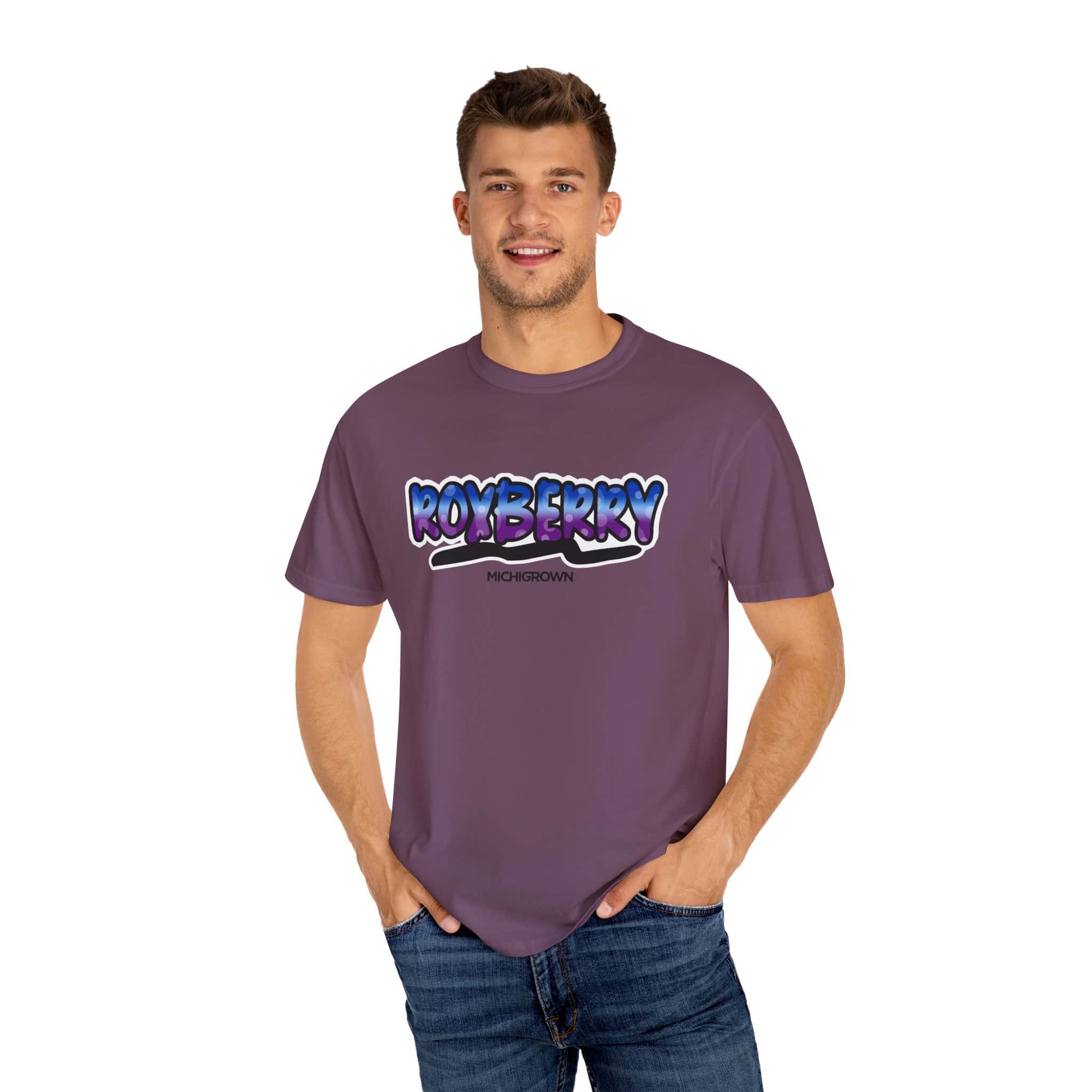 Man wearing purple Roxberry T-shirt with Michigrown logo.