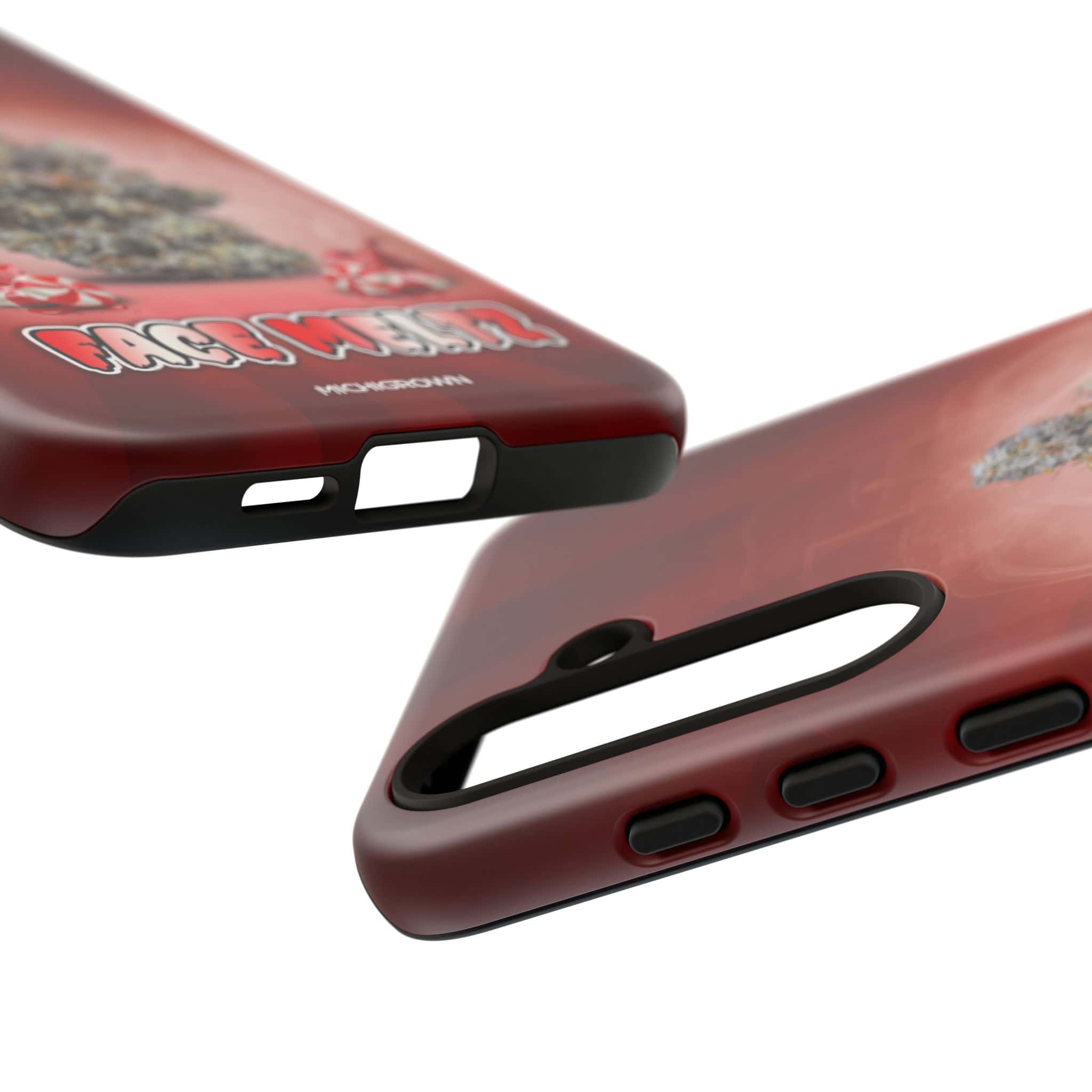 Red phone cases with rugged design and branding details.