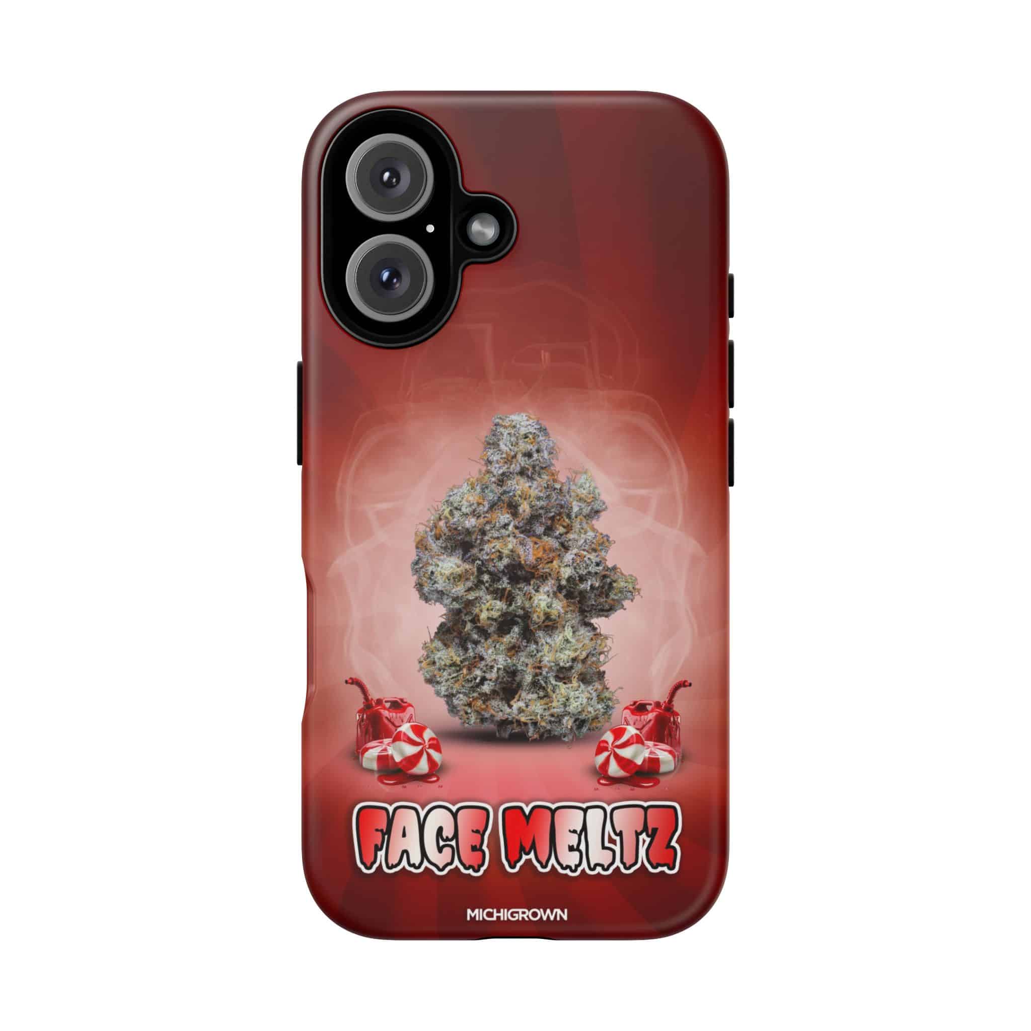 Phone case with cannabis bud and Face Meltz logo for Tough Cases.