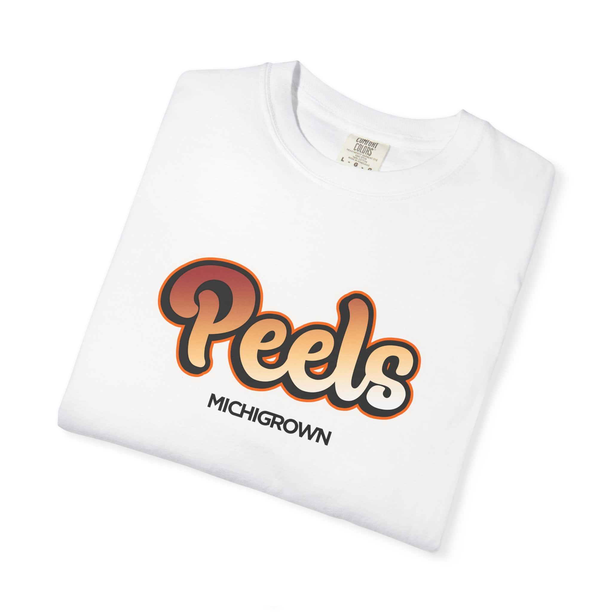 White T-shirt with Michigrown Peels logo in orange and black.