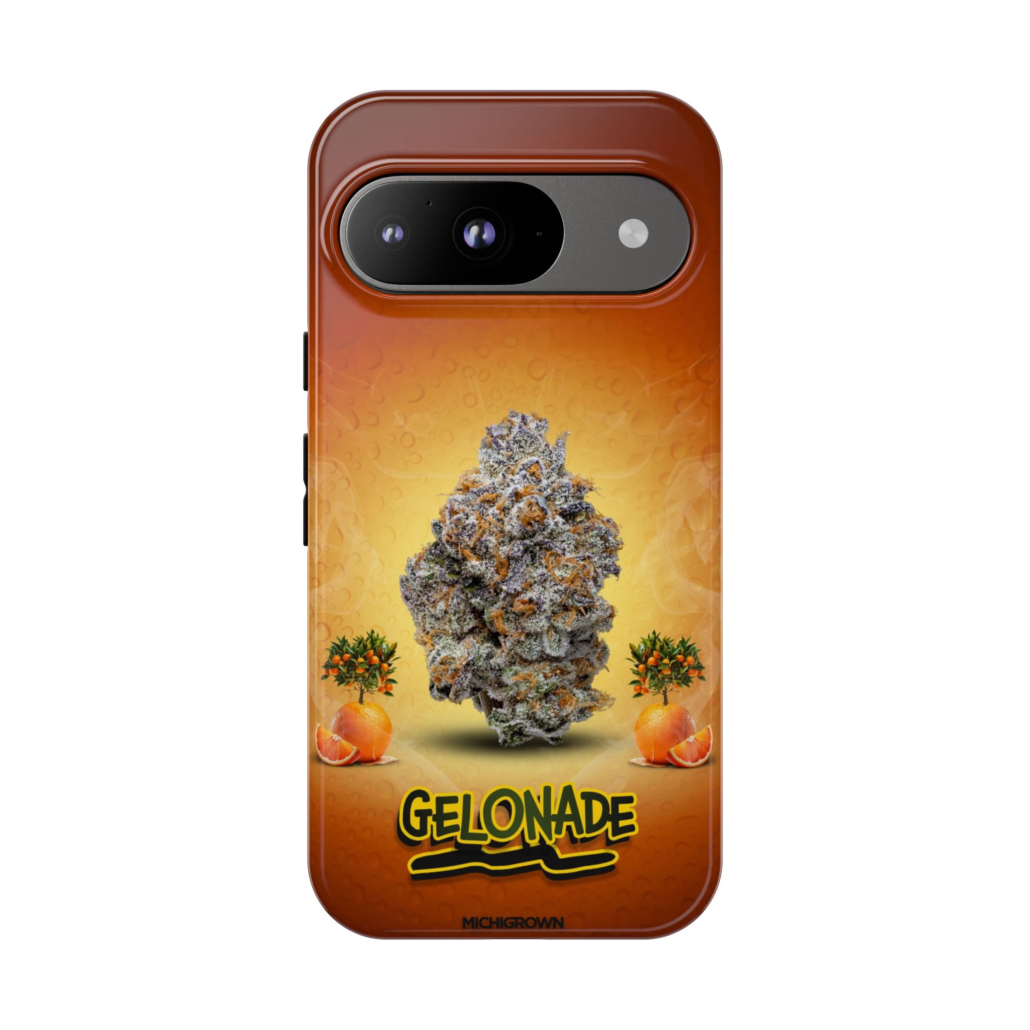 Phone case featuring cannabis bud and orange slices for GELONADE.