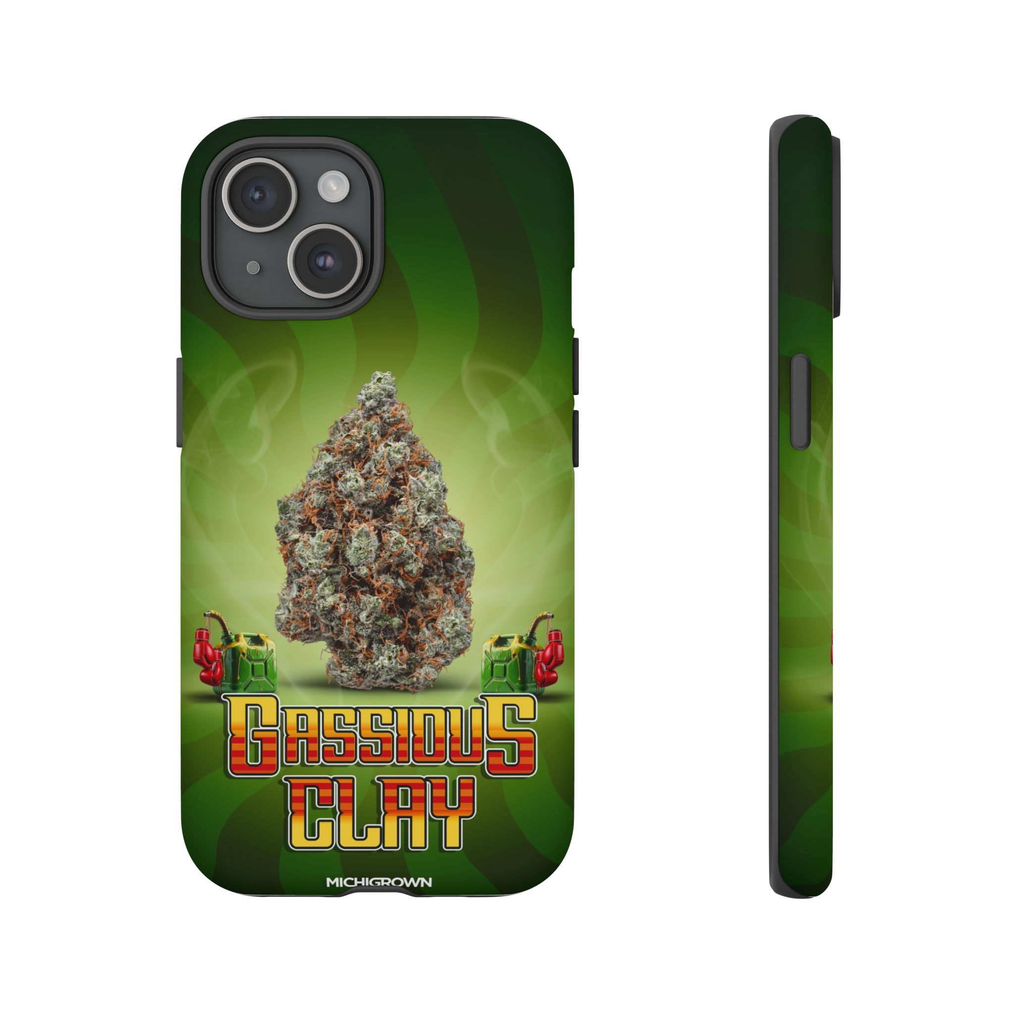 Phone case featuring a cannabis bud and Gassious Clay logo on a green background.