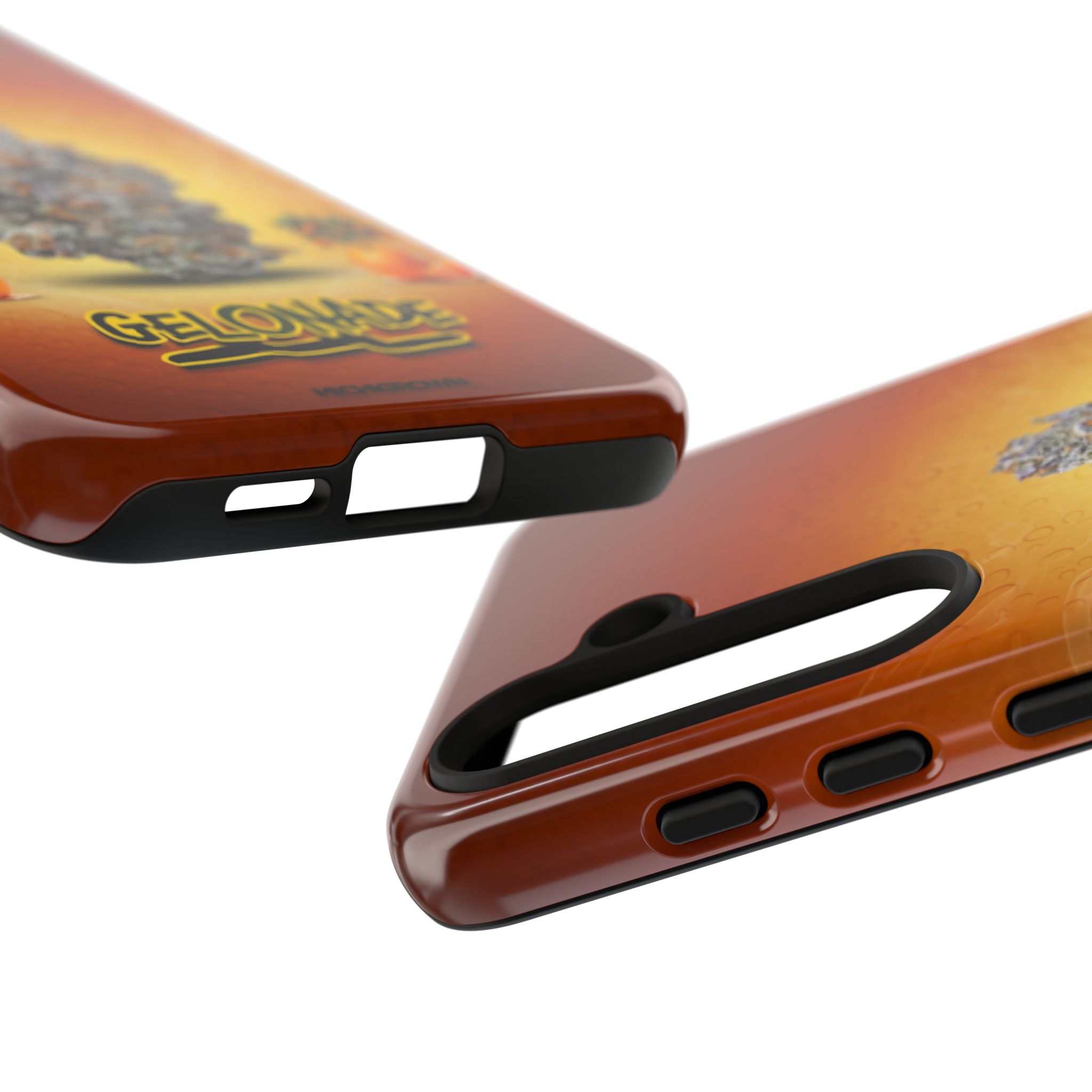 Close-up of GELONADE phone case with graphic design and cutouts.