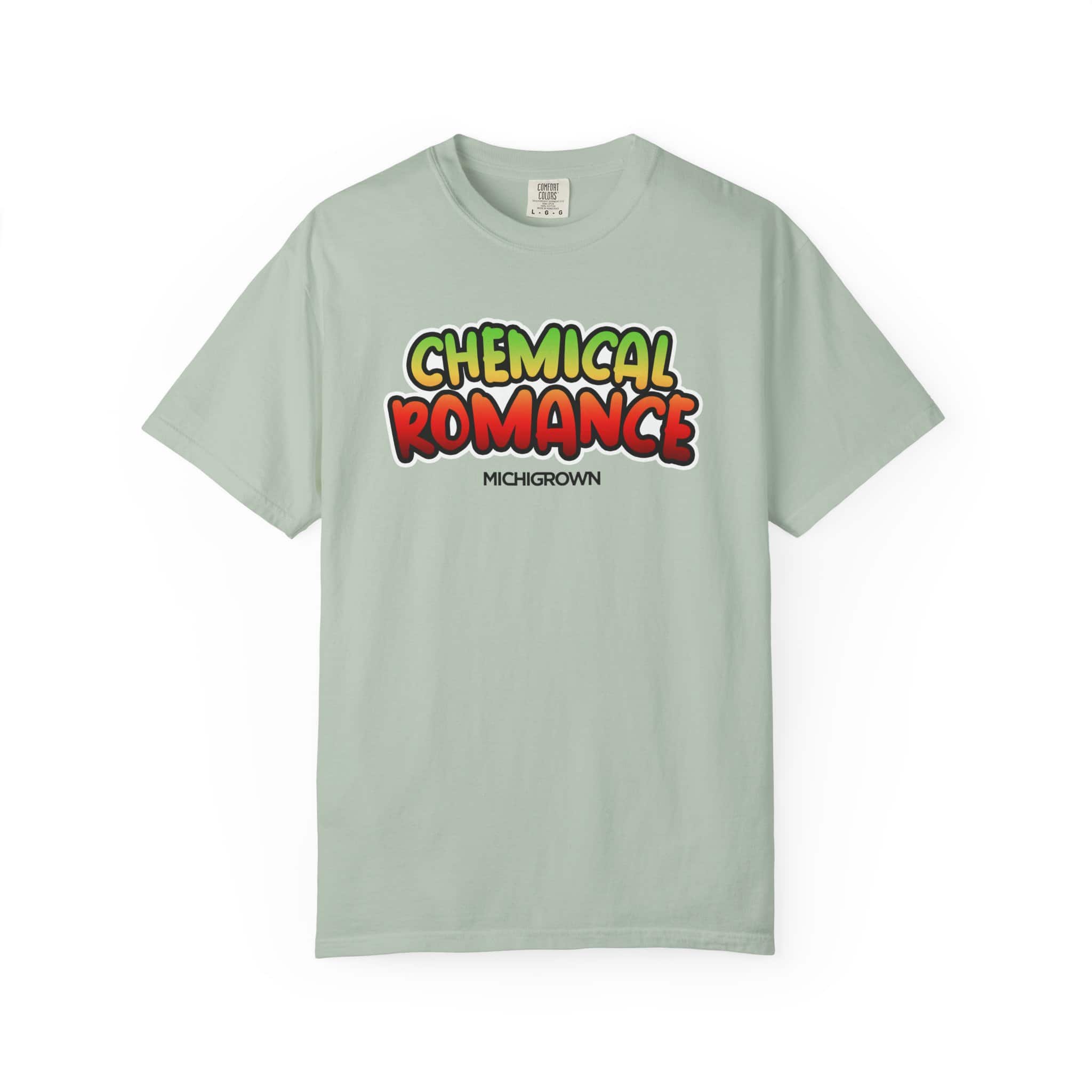 Light green T-shirt with colorful 'Chemical Romance' graphic design.
