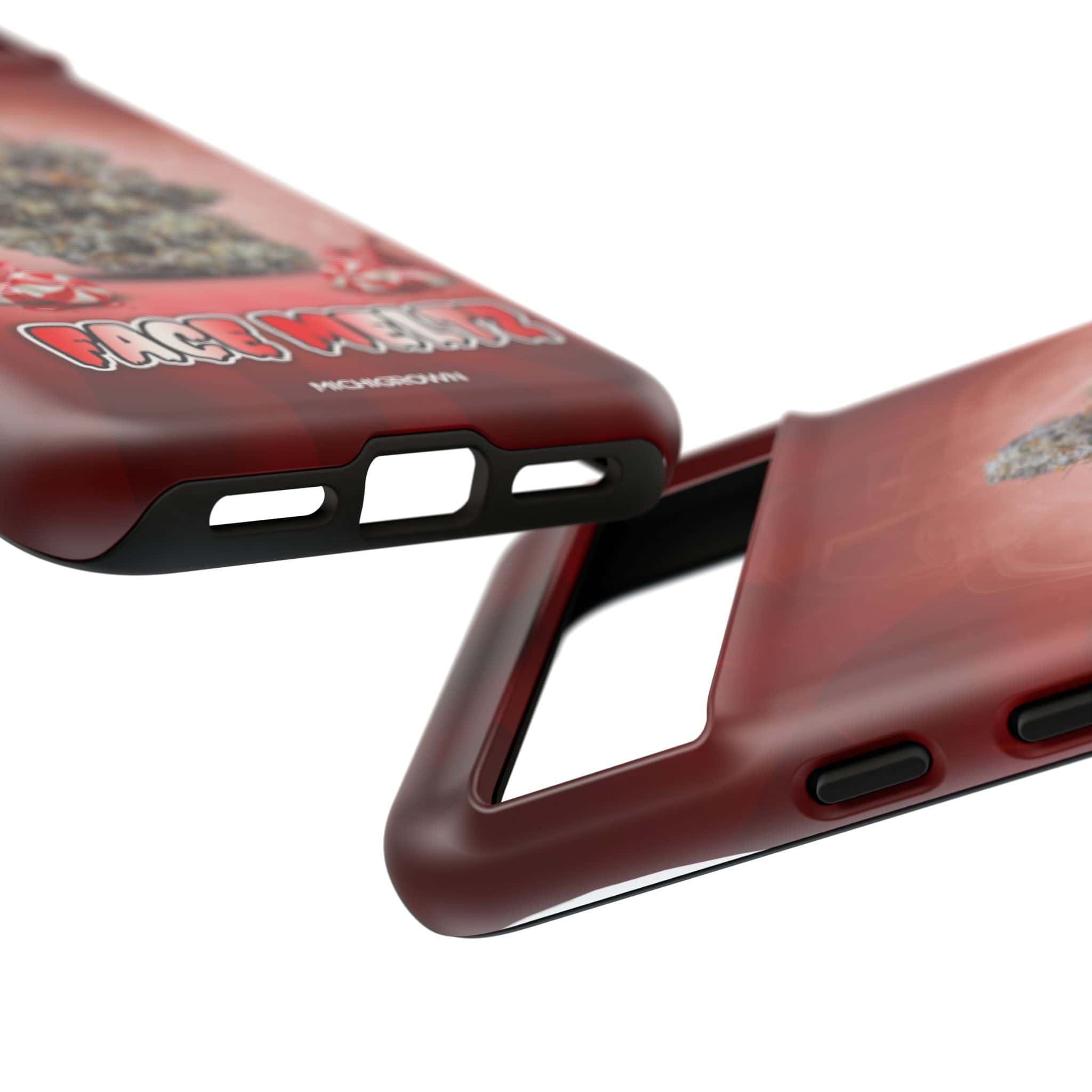 Red phone cases with rugged design and branding details.