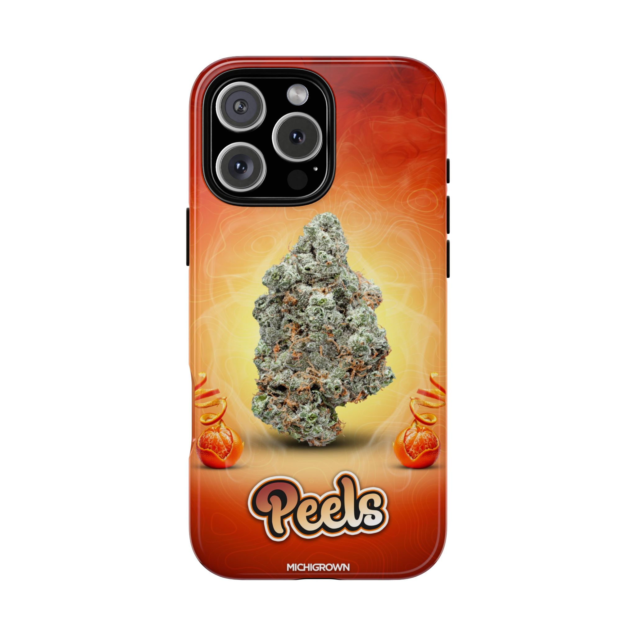 Phone case featuring cannabis bud and PEELS logo for Michigan cannabis culture.