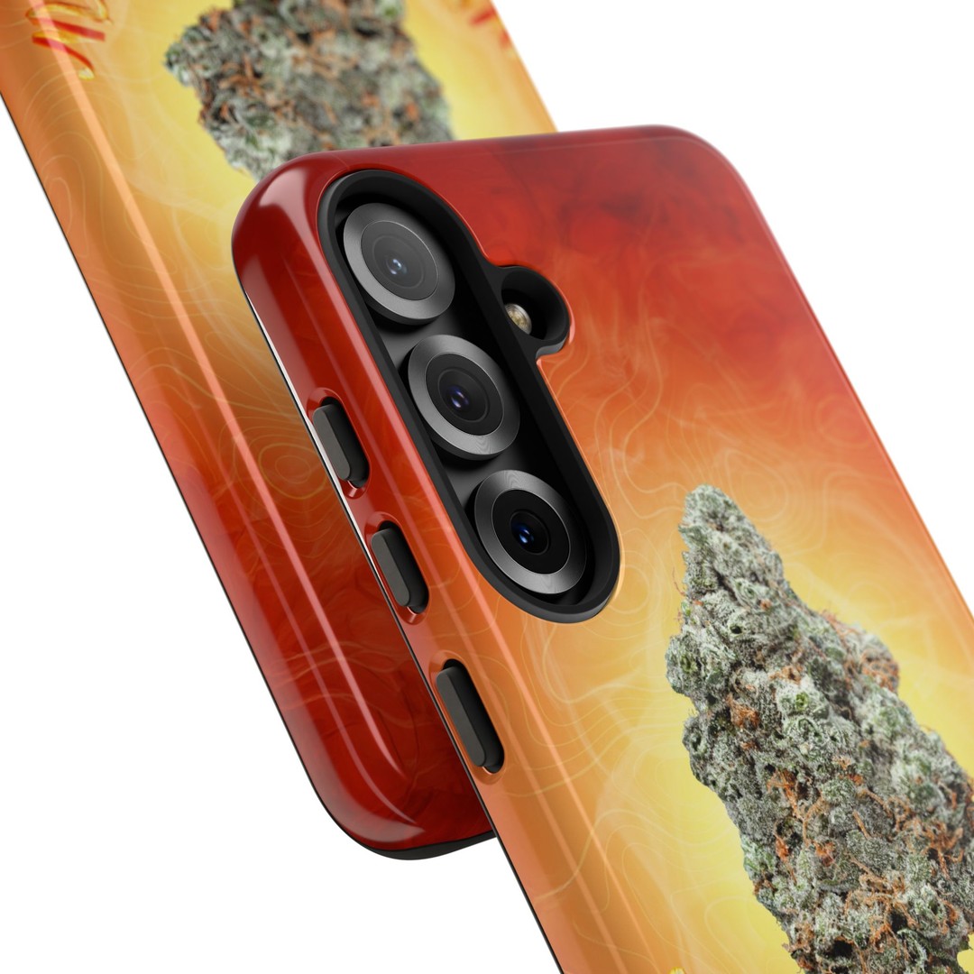 Red phone case with cannabis leaf design for iPhone.