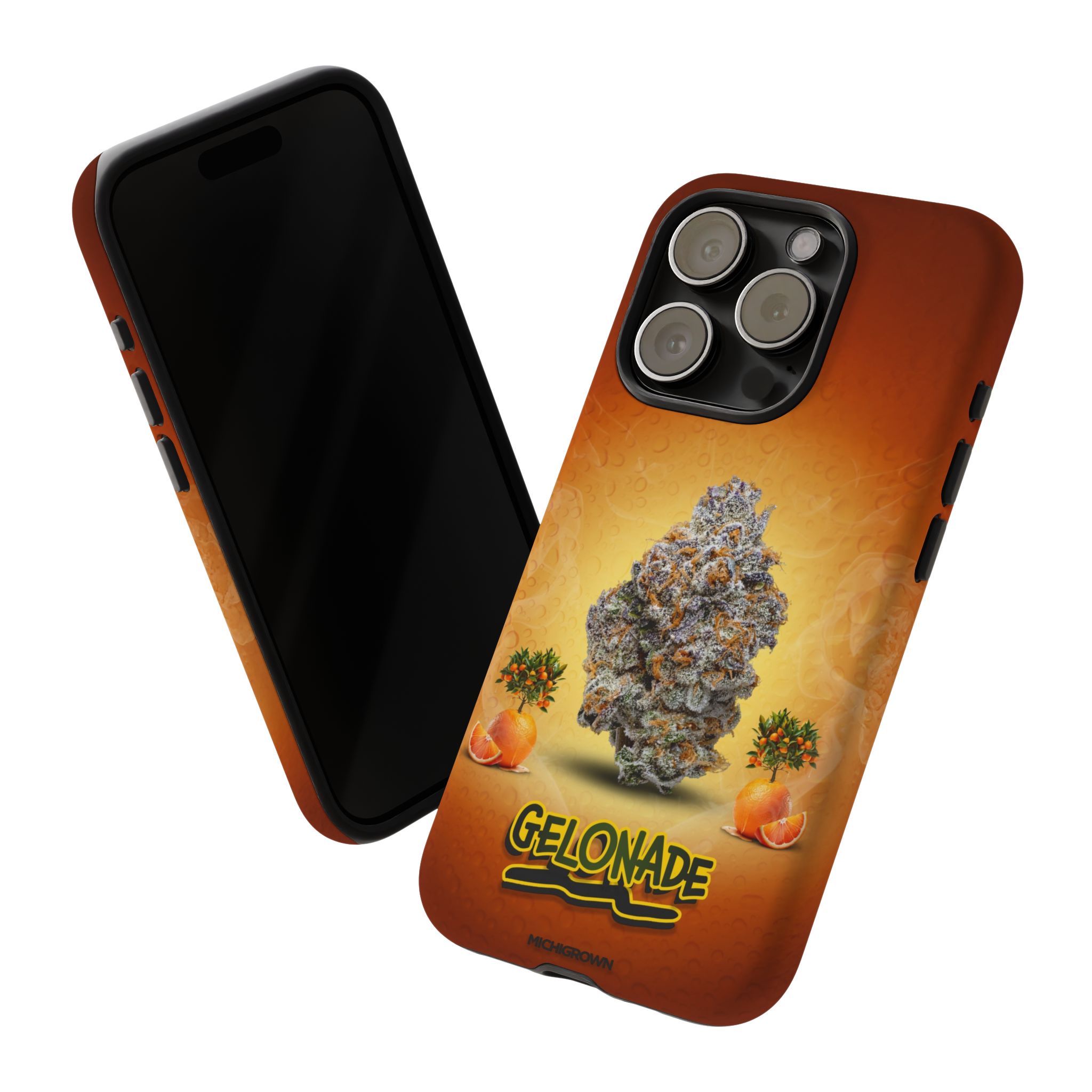 Phone case featuring cannabis buds and orange background for GELONADE.