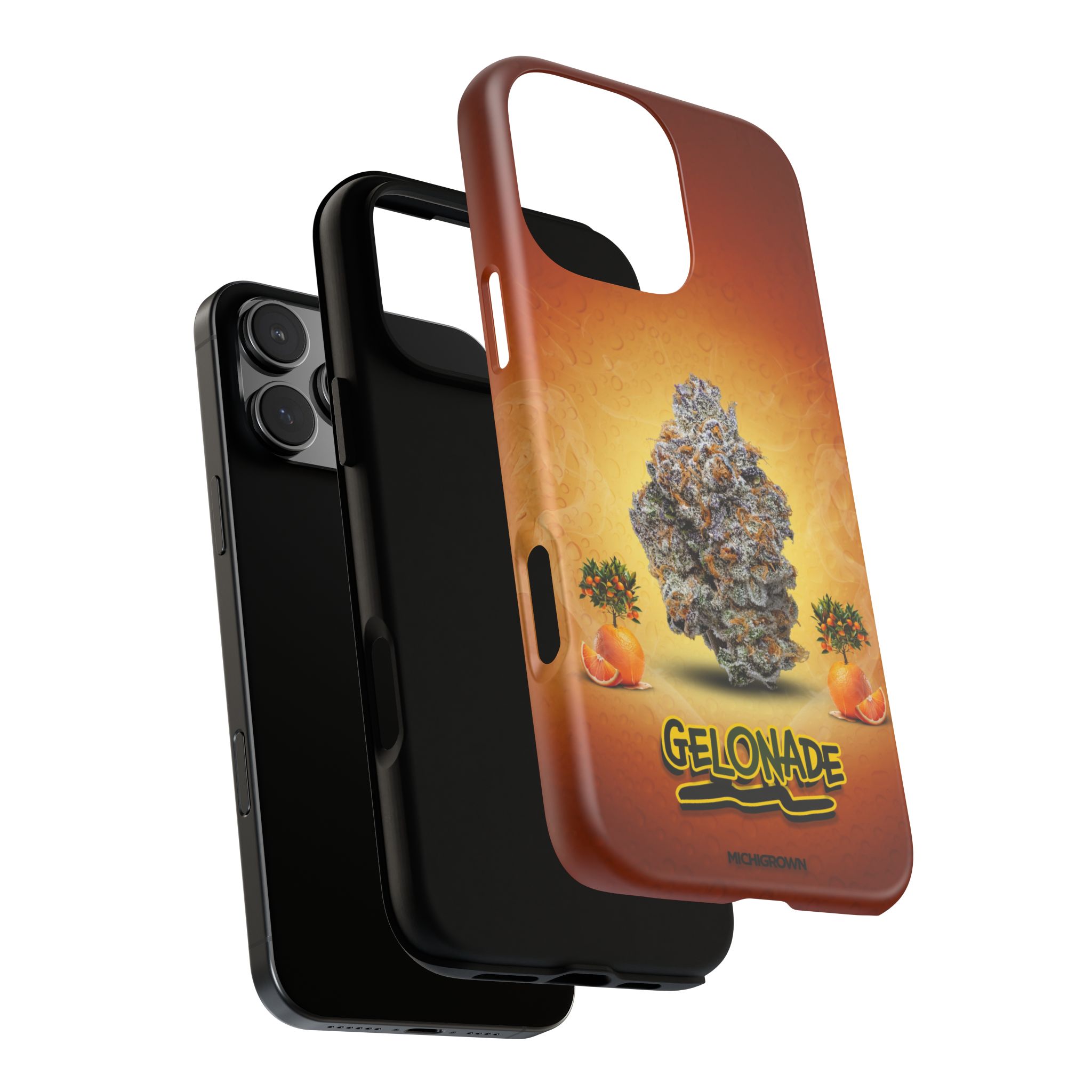 Phone case featuring cannabis bud and orange background for GELONADE.