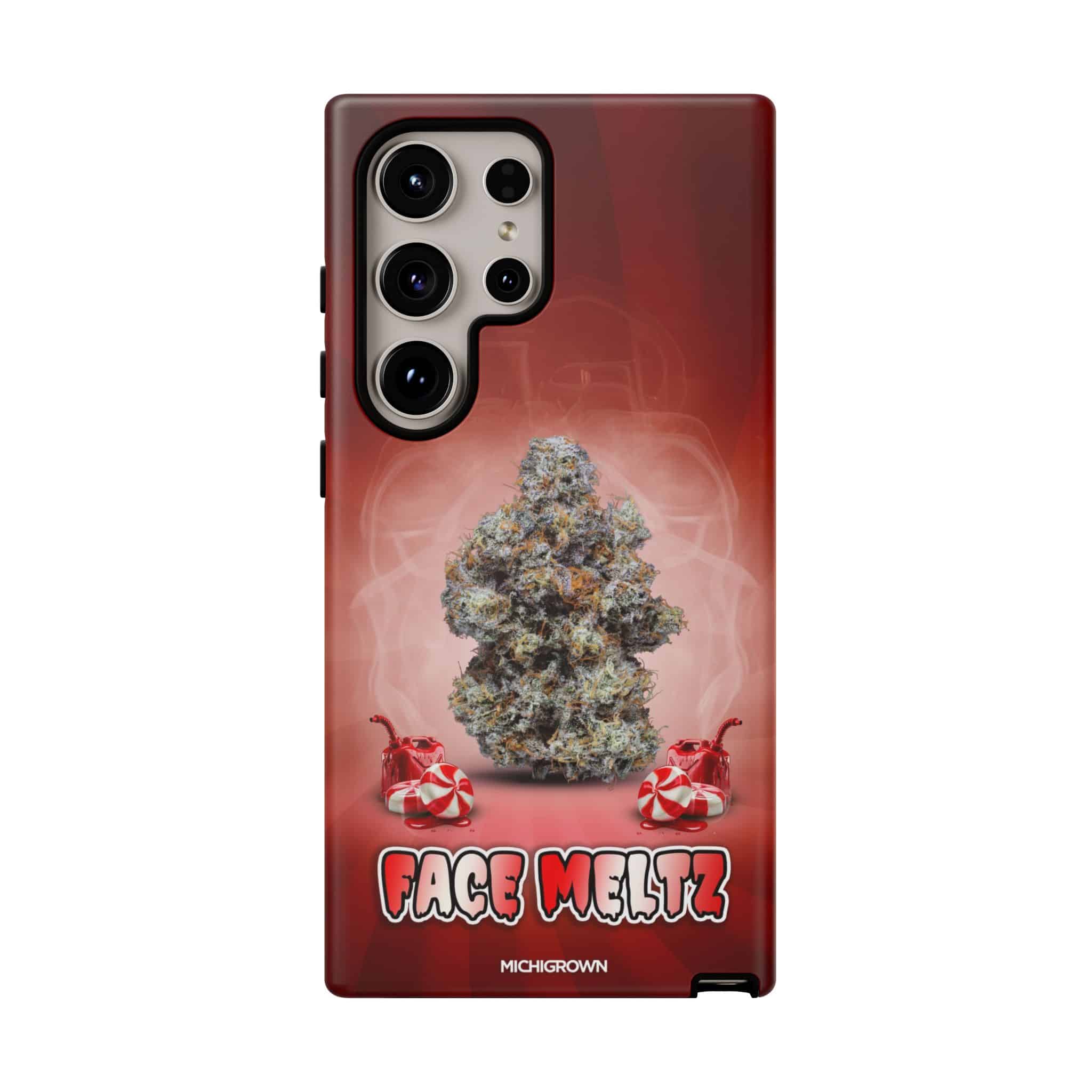 Phone case with cannabis bud and face meltz logo for Face Meltz Tough Cases.