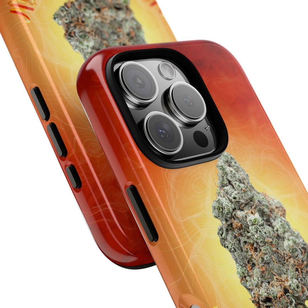 Red phone case with cannabis leaf design for iPhone 13 Pro.