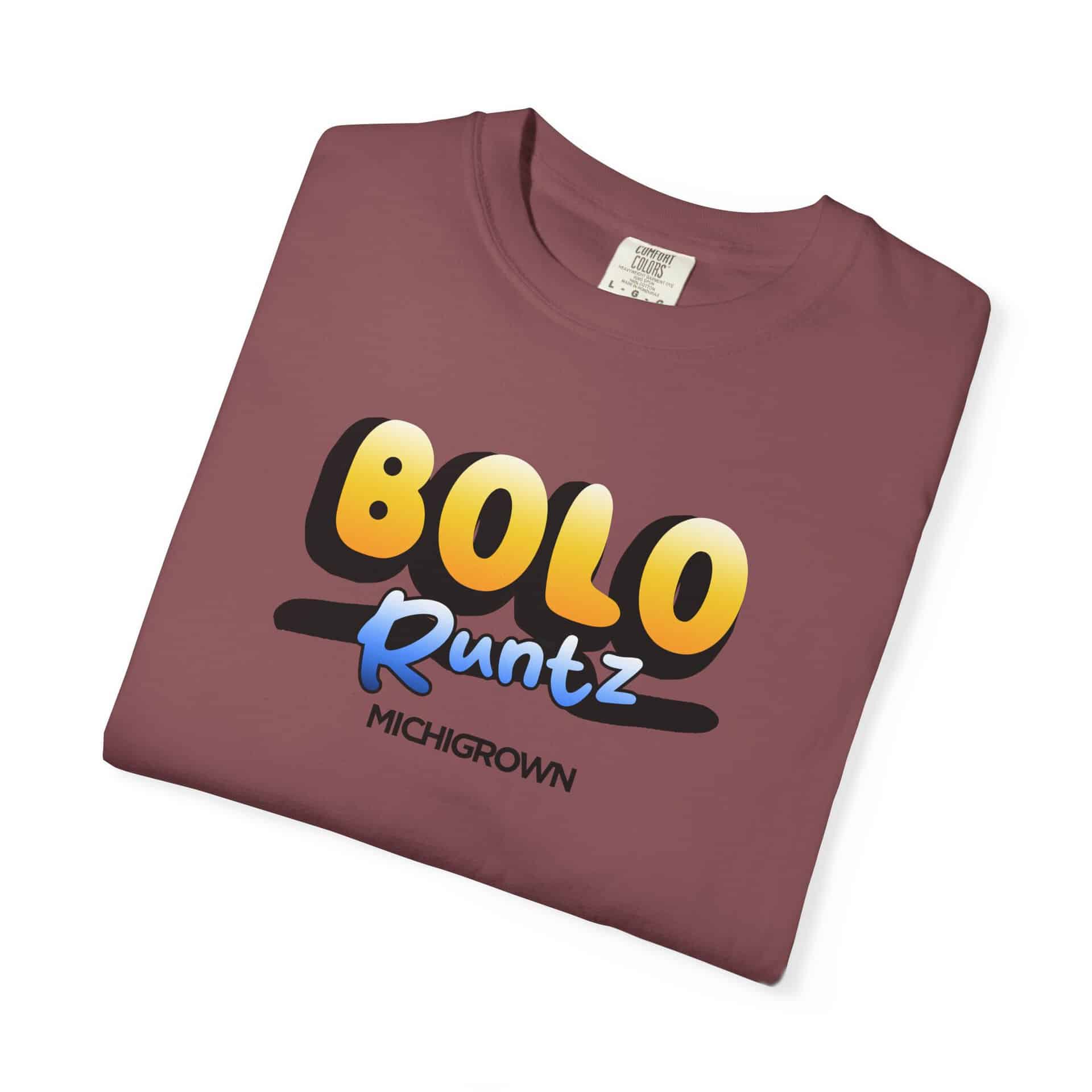 Bolo Runtz graphic T-shirt in mauve color with bold text design.