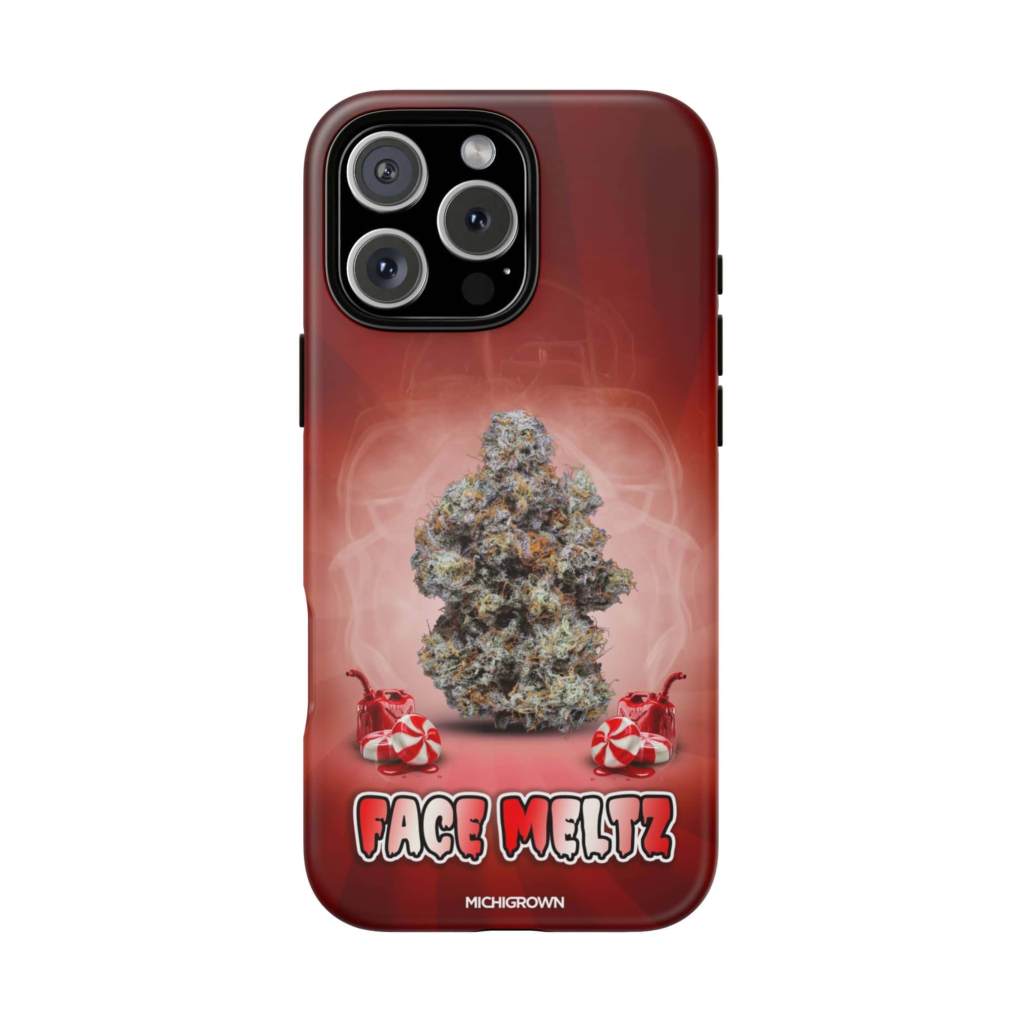 Cannabis-themed phone case with face meltz logo and marijuana buds.
