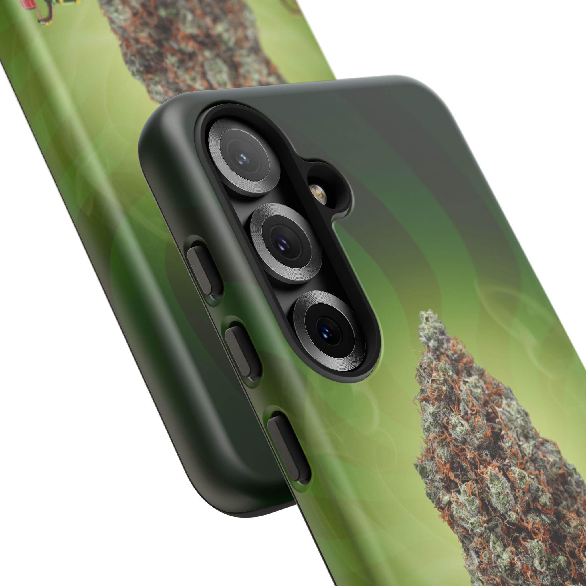 Green cannabis leaf phone case with triple camera cutout.