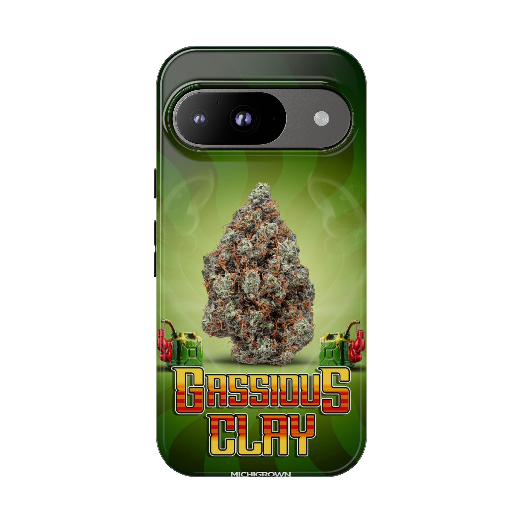 Phone case featuring Gassious Clay logo and cannabis image.