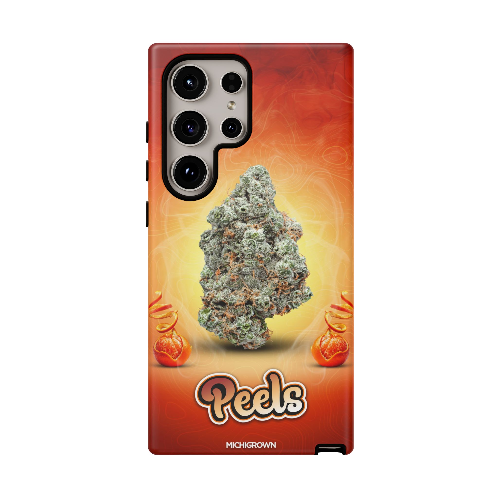 Phone case featuring cannabis bud and PEELS logo for Michigan cannabis enthusiasts.