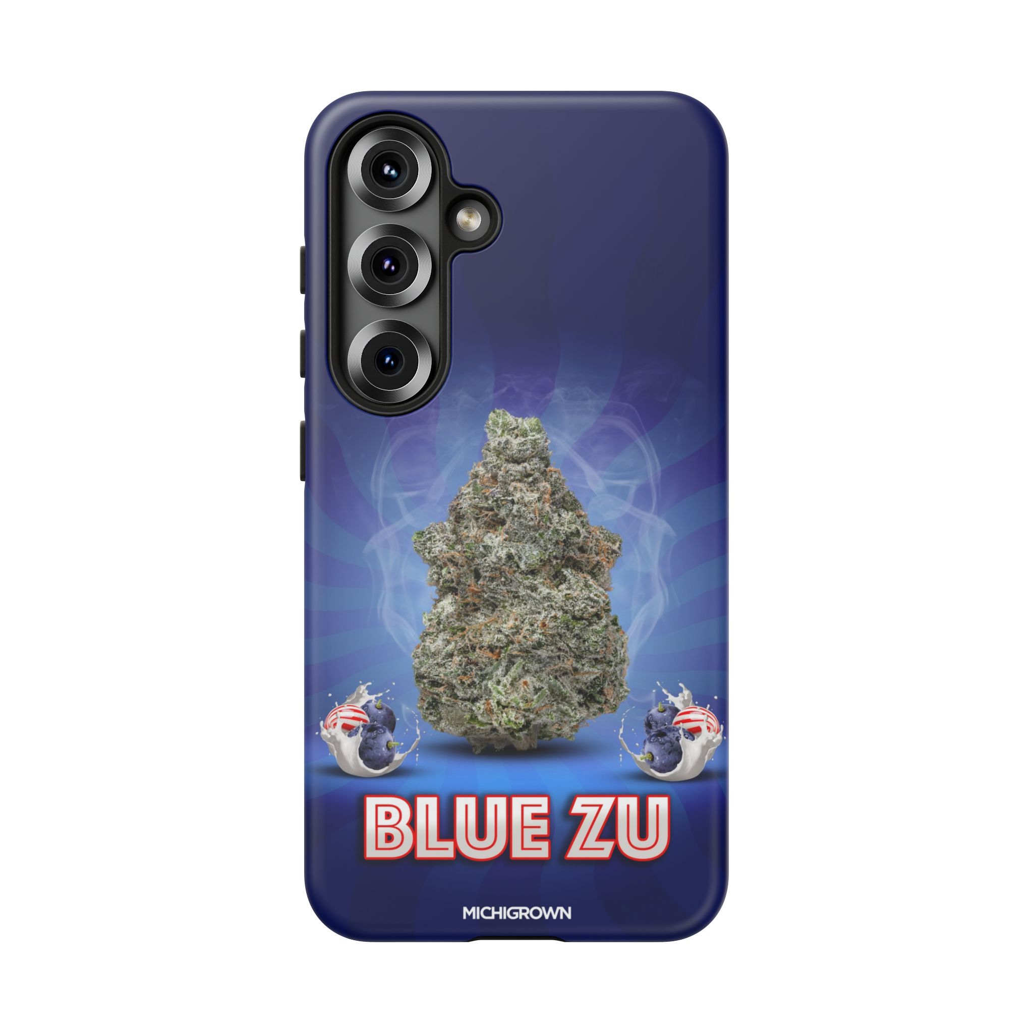 Phone case featuring a cannabis bud and Blue Zu logo on a blue background.