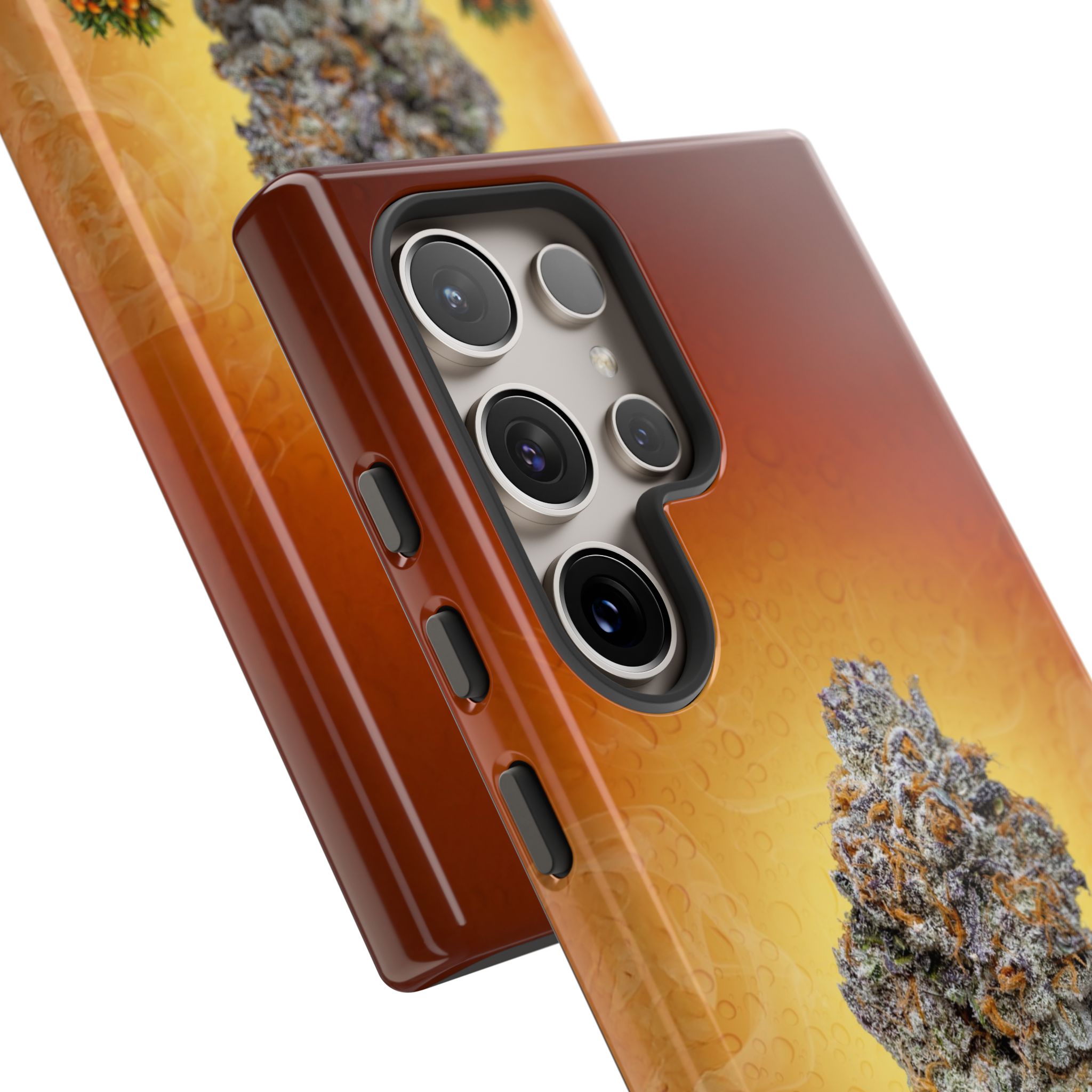 Phone case with cannabis plant design for iPhone, featuring multiple camera cutouts.